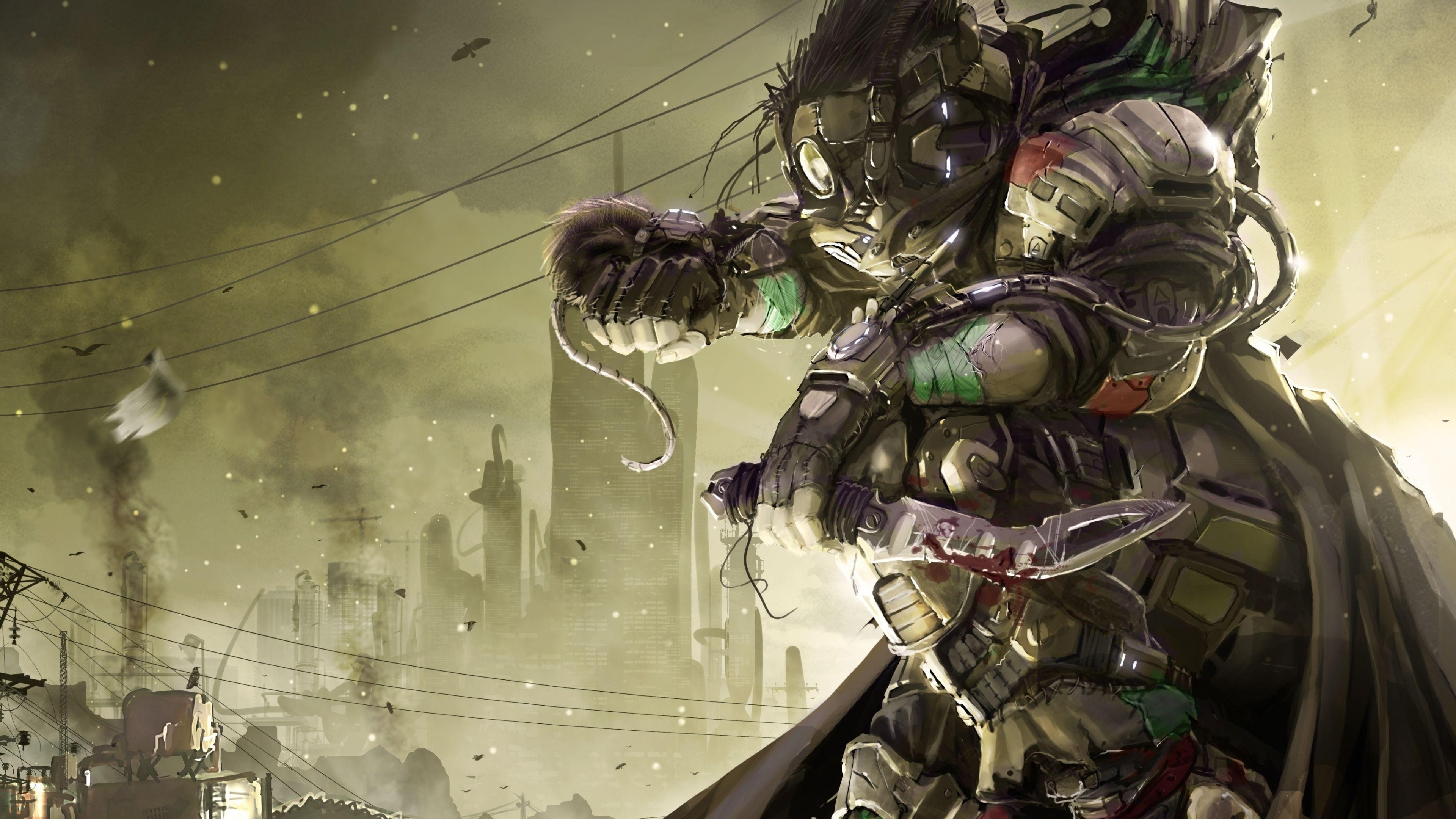 Soldier with gas mask and knife in industrial city HD Wallpaper
