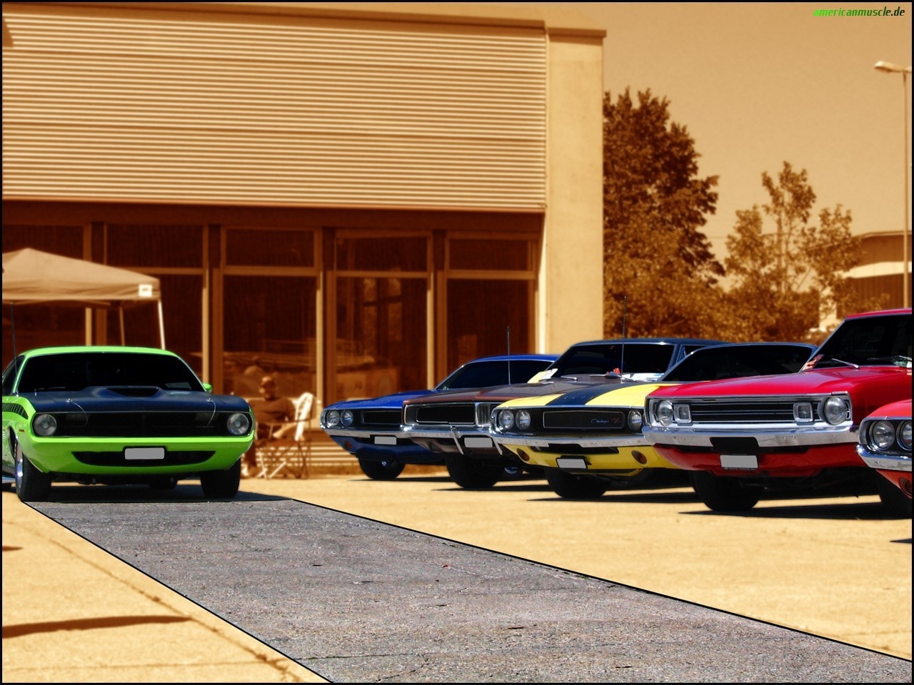 Several classic American muscle cars parked in a lot HD Wallpaper