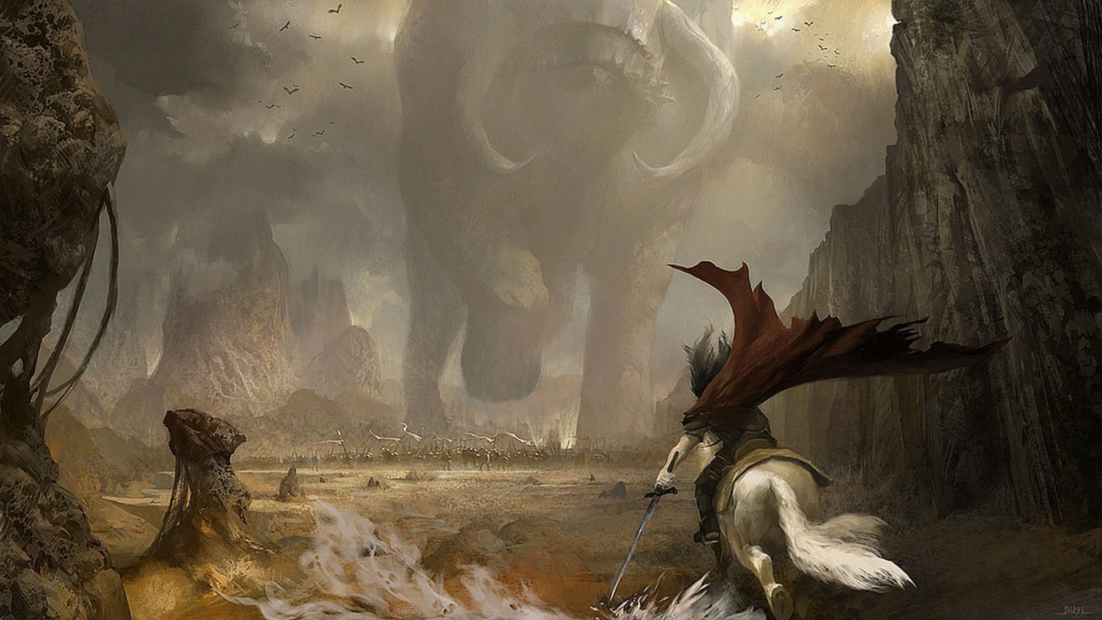 Knight on horseback facing a giant creature in a desolate landscape HD Wallpaper
