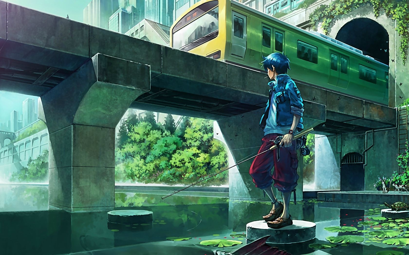 Anime boy fishing under a train bridge HD Wallpaper