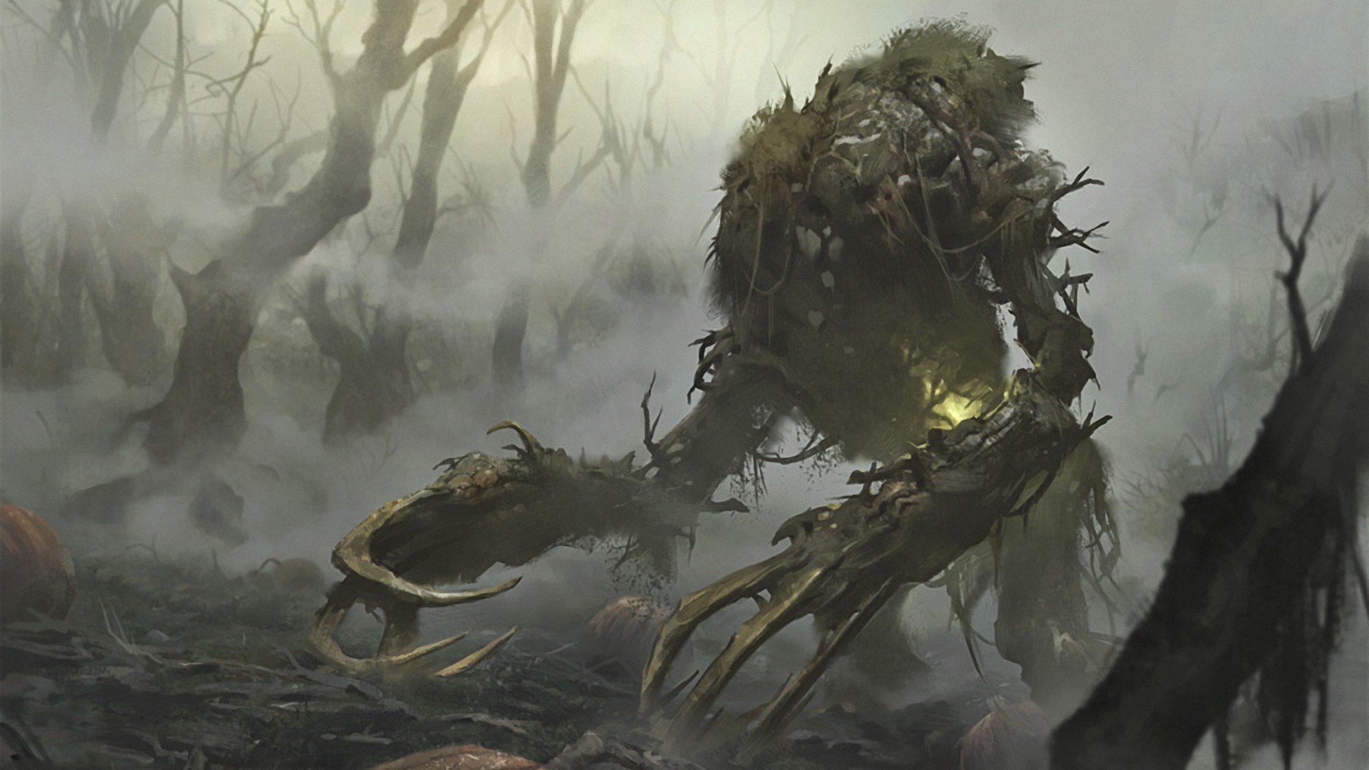 Swamp creature in a misty forest with pumpkins HD Wallpaper