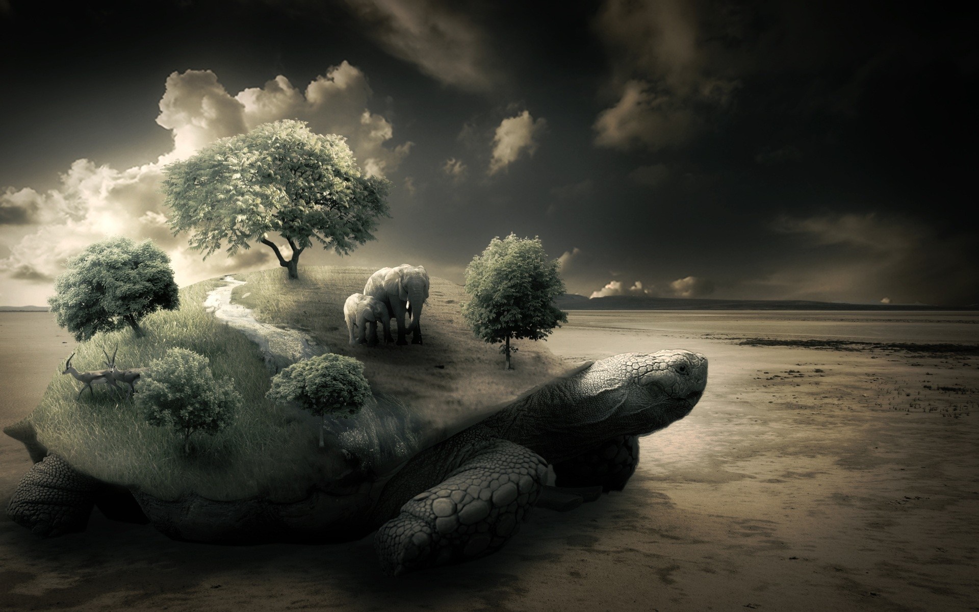 Giant tortoise carrying a landscape with elephants and trees HD Wallpaper