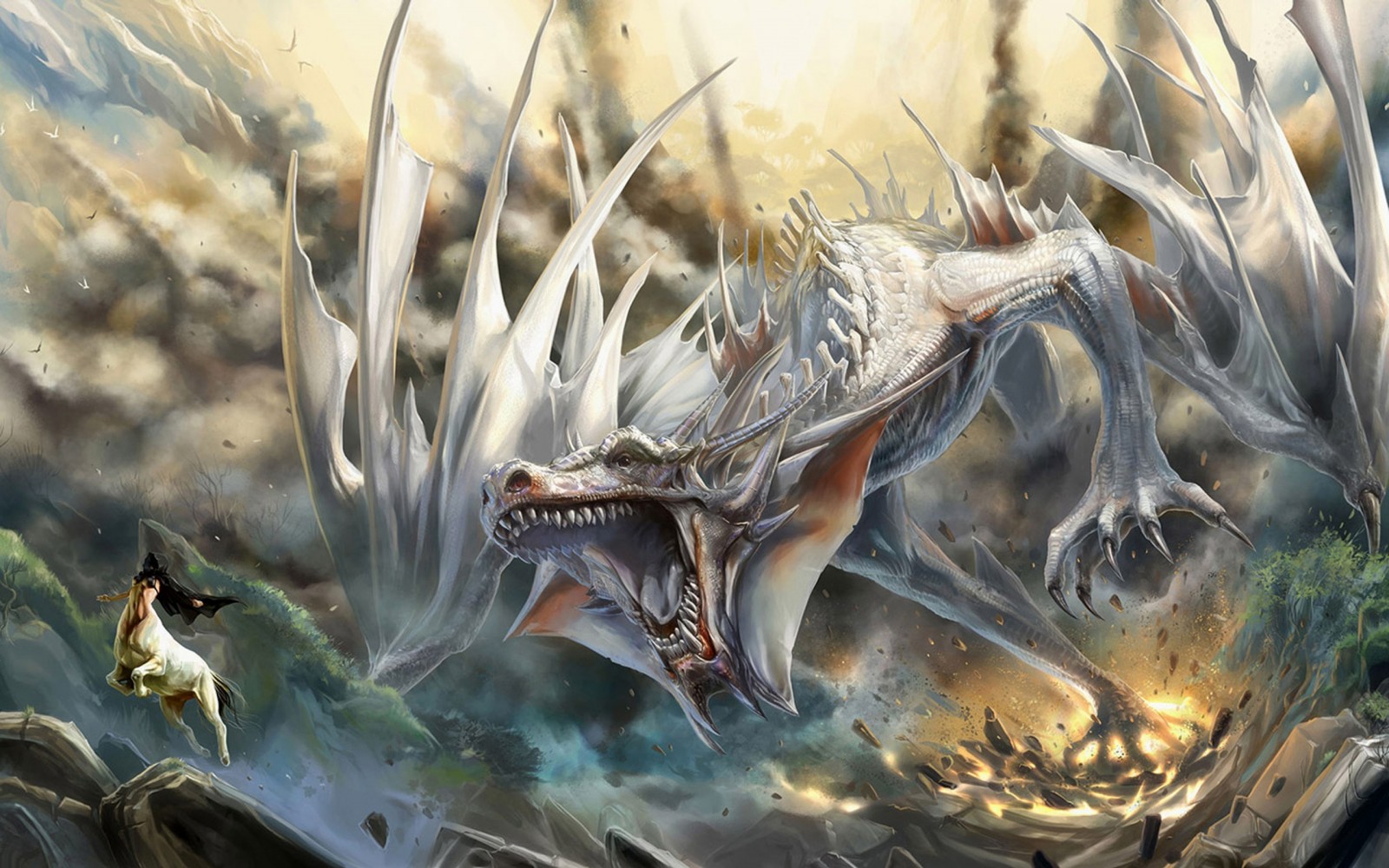 Fantasy art of a white dragon attacking a woman on a horse HD Wallpaper