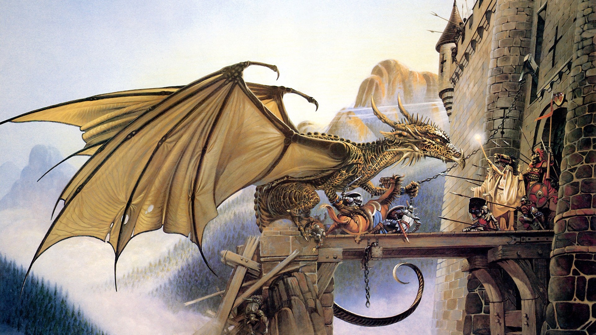 Dragon attacking a castle with knights and a wizard HD Wallpaper