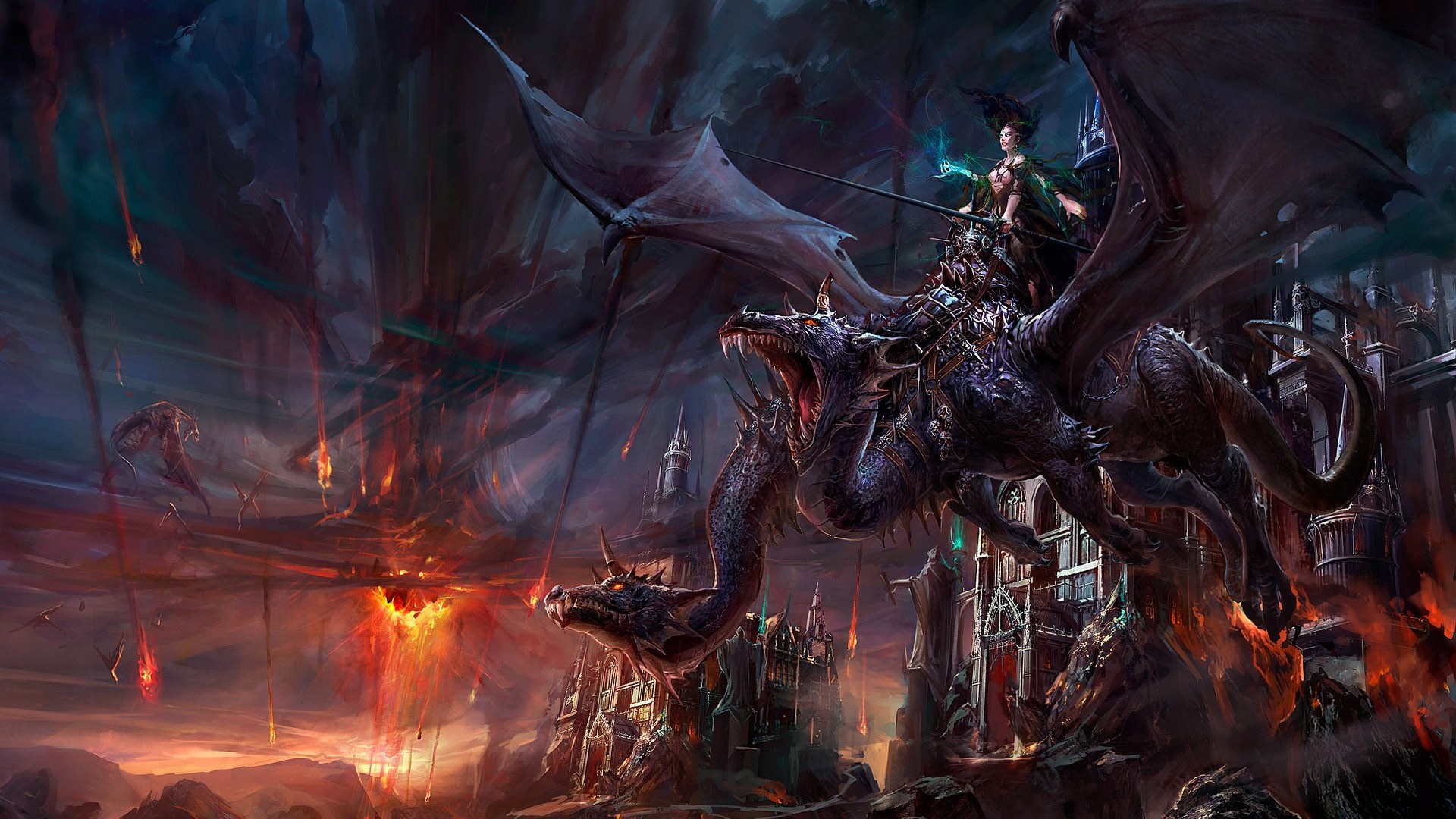 Fantasy art of a dragon with a rider over a burning city HD Wallpaper