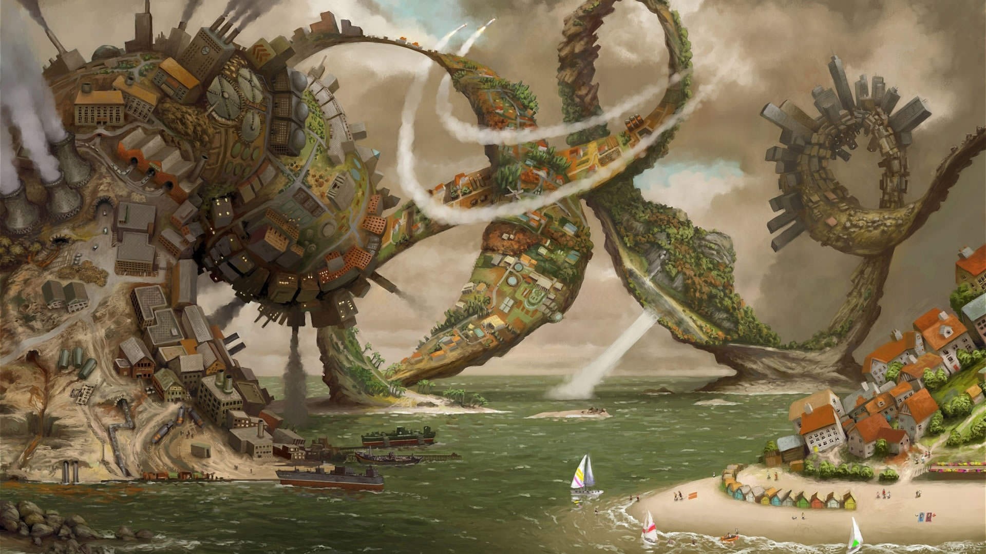 Surreal fantasy landscape with a city built on a giant creature HD Wallpaper