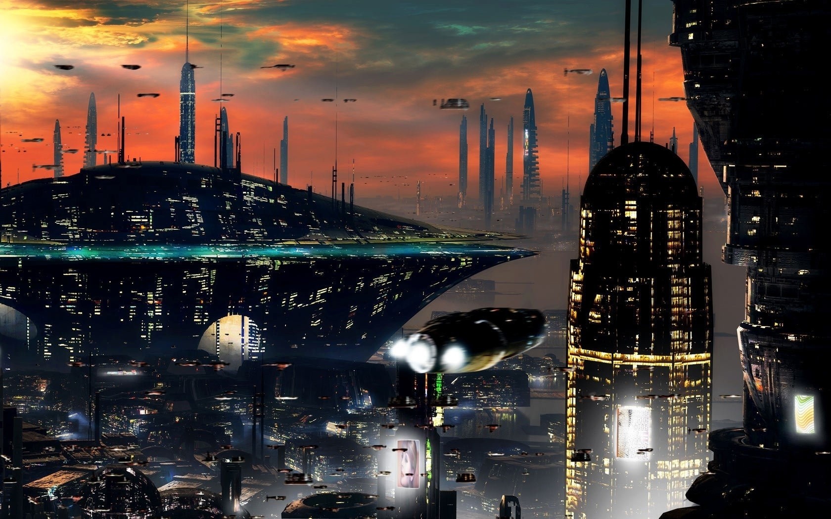 Futuristic cityscape at sunset with flying vehicles HD Wallpaper