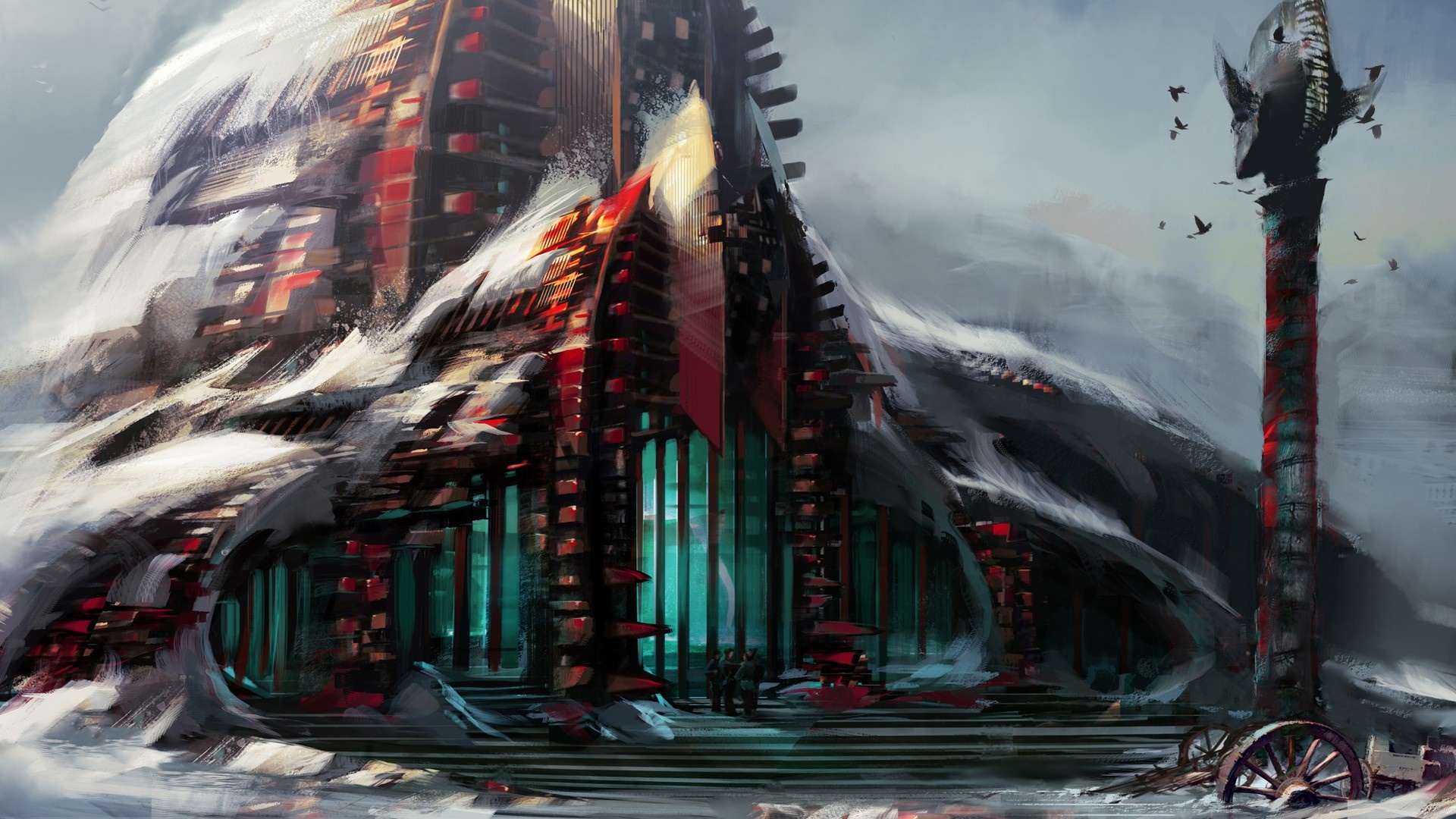 Artwork of a snowy, mountainous structure with red accents HD Wallpaper