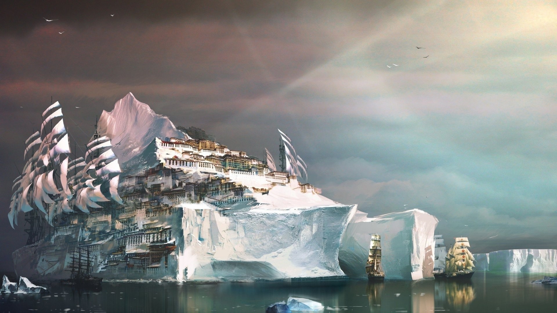 Guild Wars 2 Iceberg Cityscape with Ships HD Wallpaper