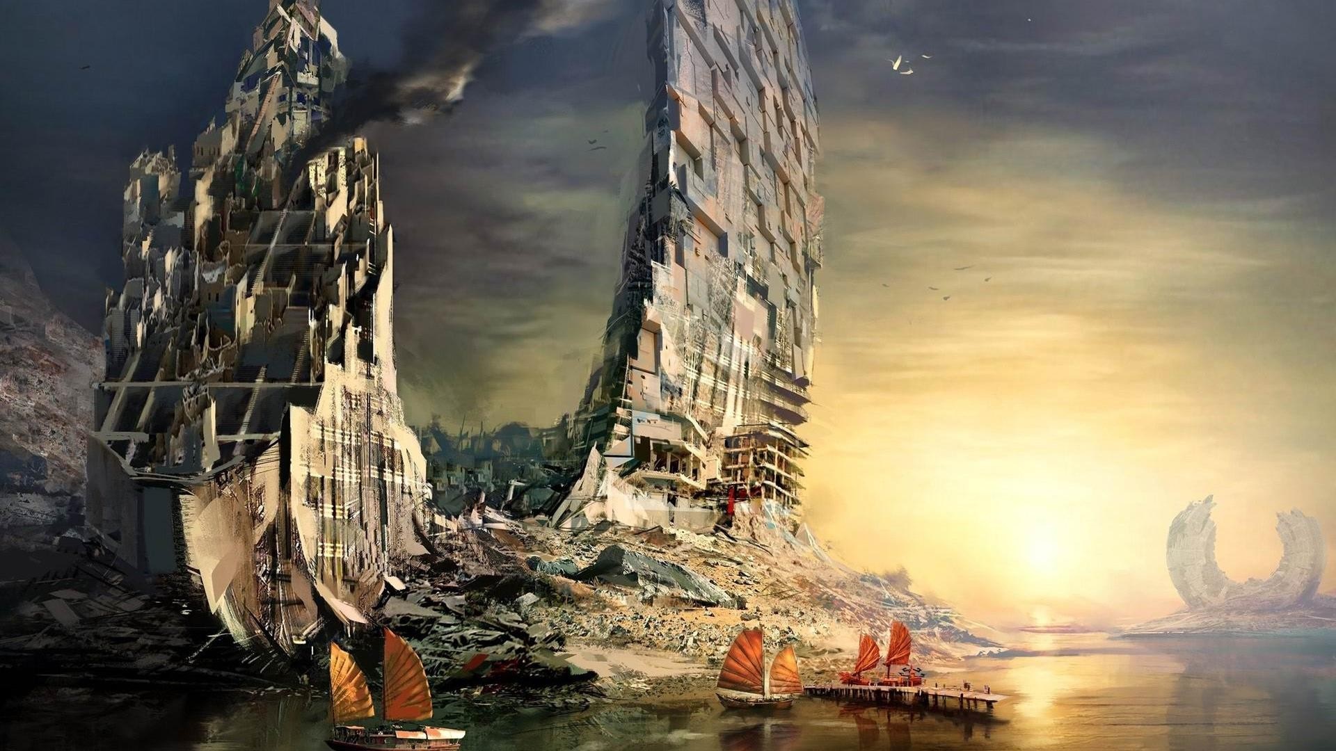 Boats near ruined city in Guild Wars 2 HD Wallpaper