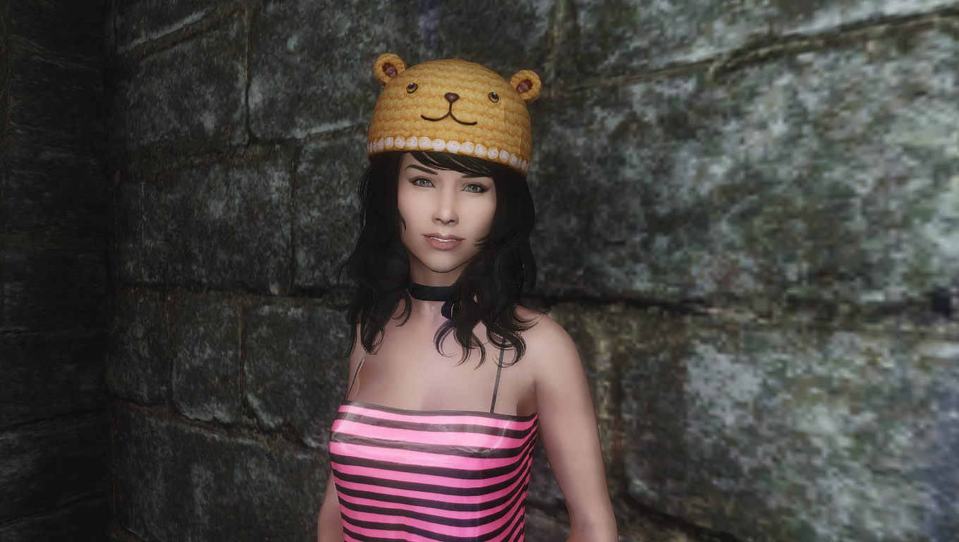 Woman wearing a bear hat and pink striped dress in Skyrim HD Wallpaper
