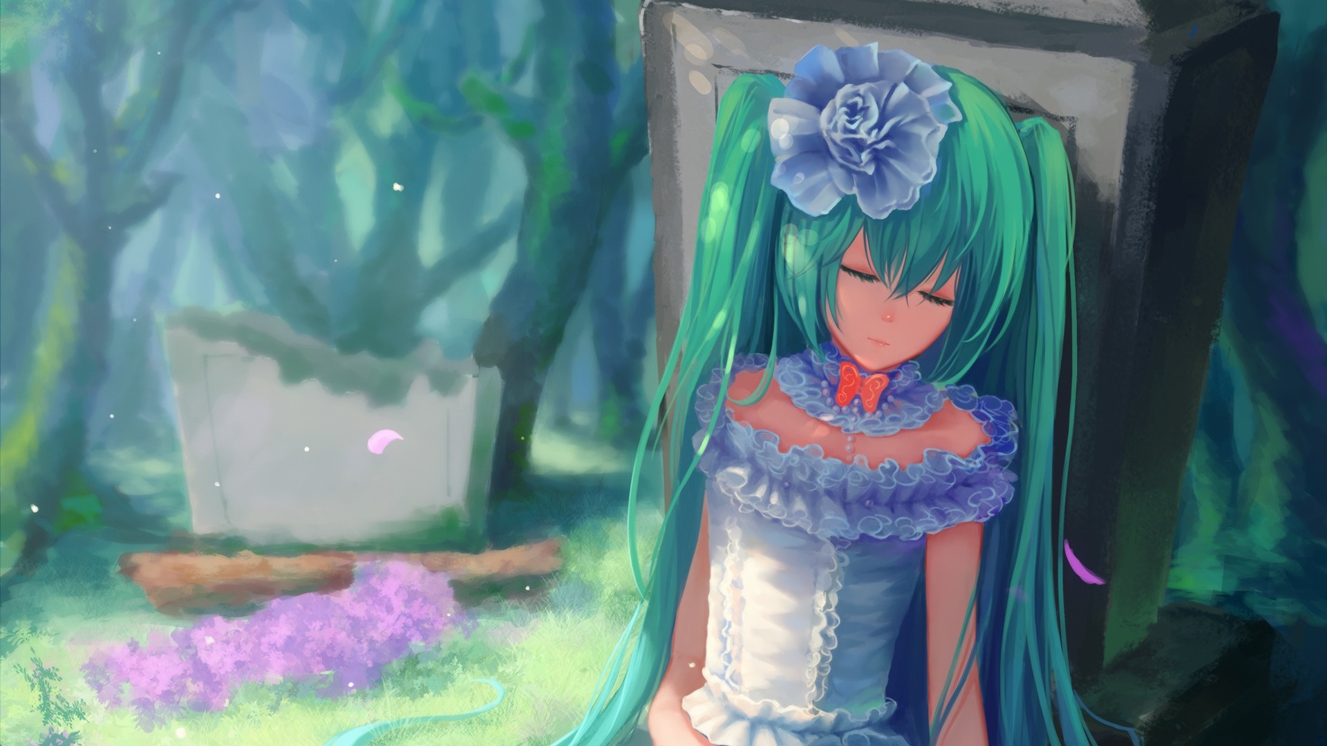 Hatsune Miku sleeping by a tombstone HD Wallpaper