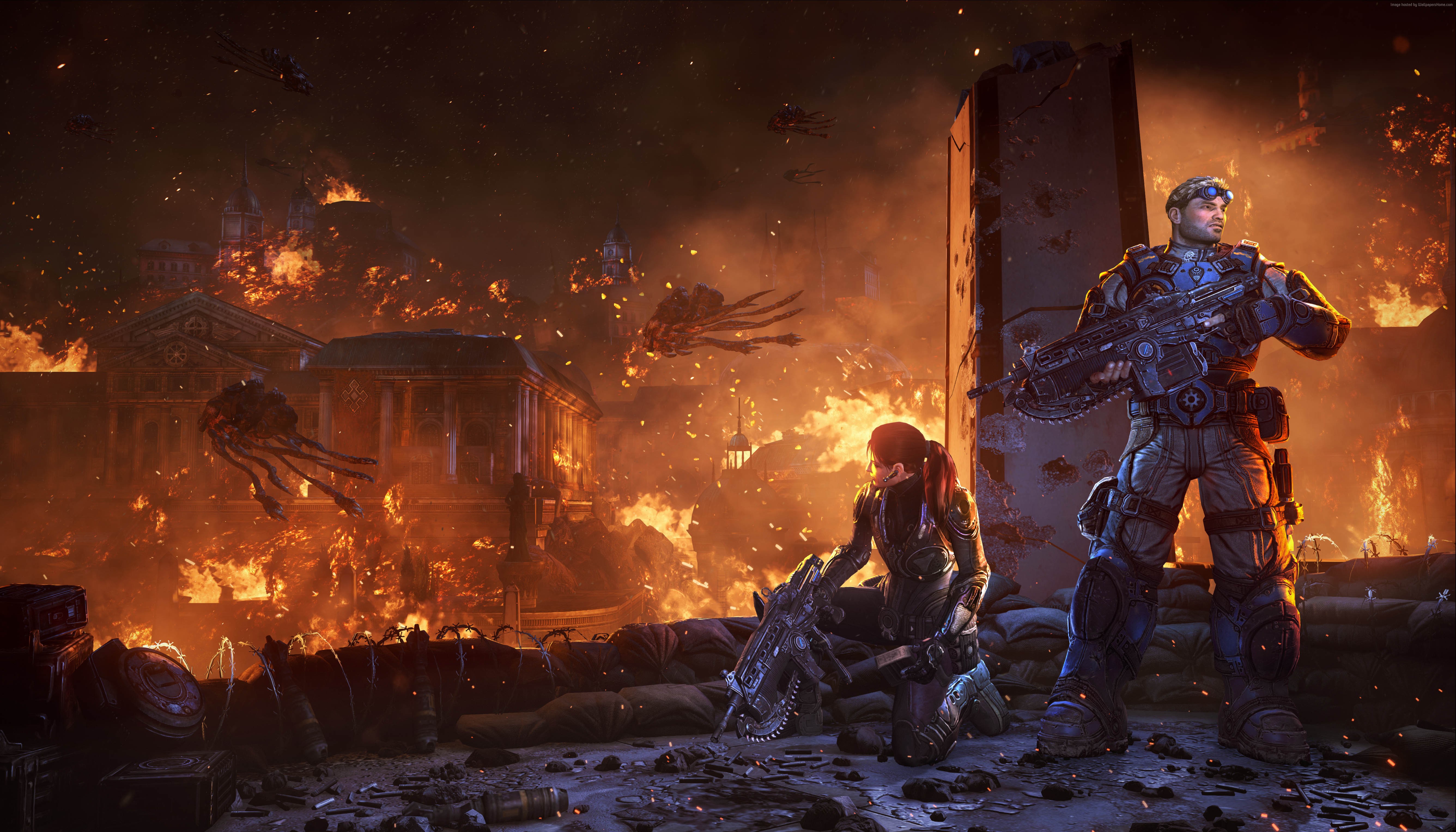 Gears of War Judgment screenshot with soldiers in a burning city HD Wallpaper