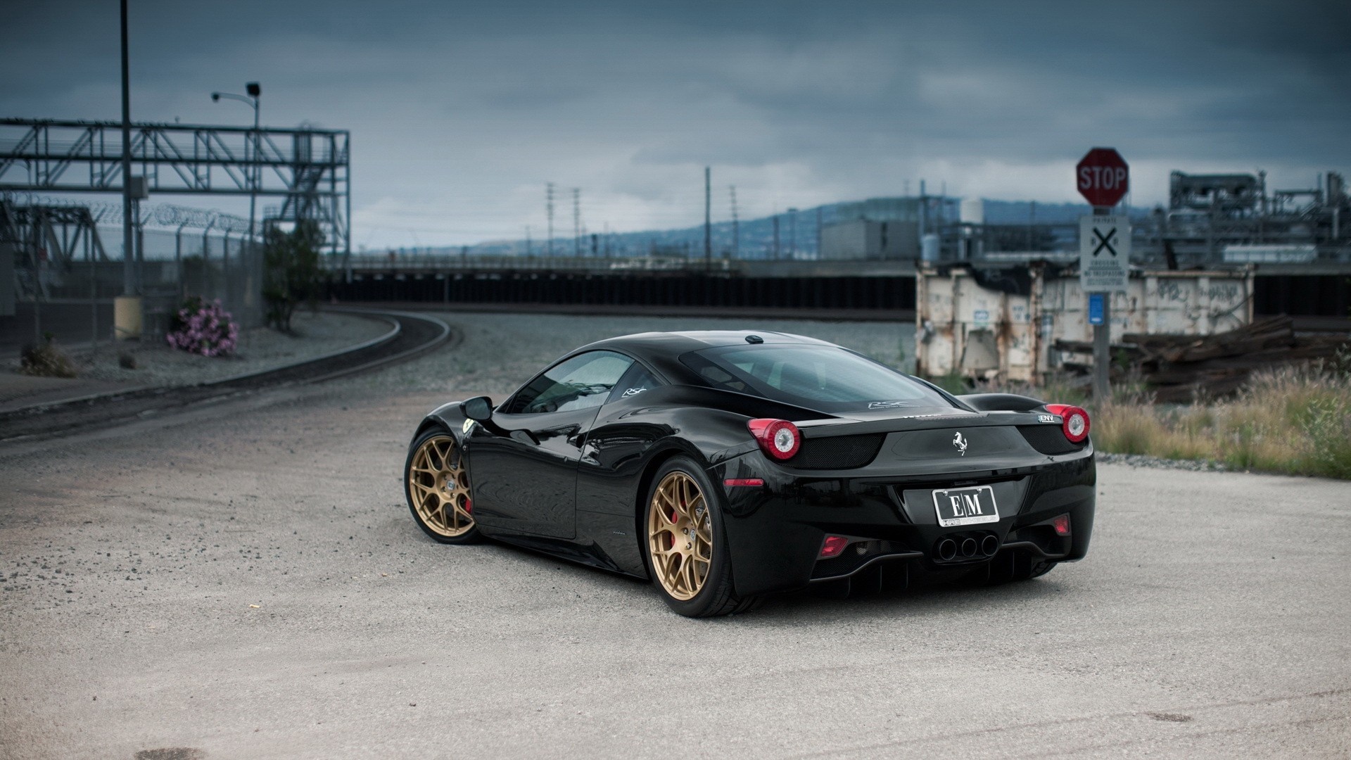 Black Ferrari 458 Italia with gold wheels HD Wallpaper