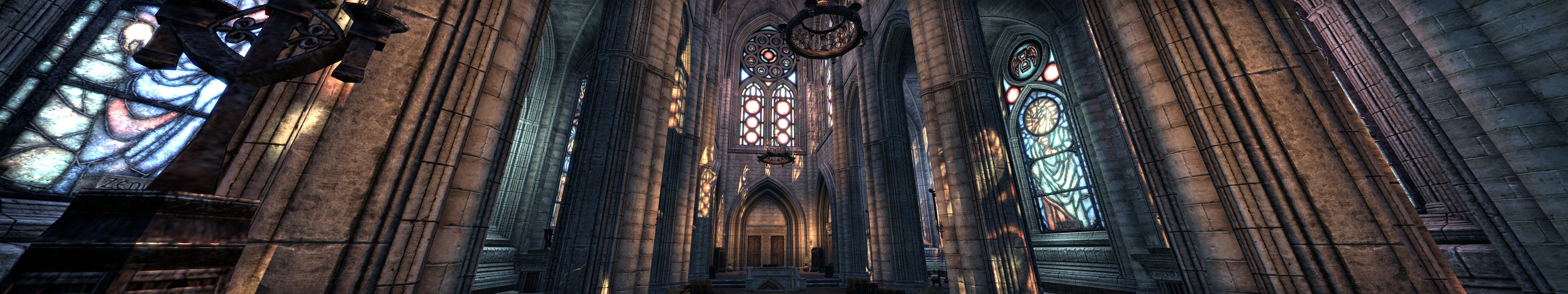 Gothic cathedral interior with stained glass windows HD Wallpaper