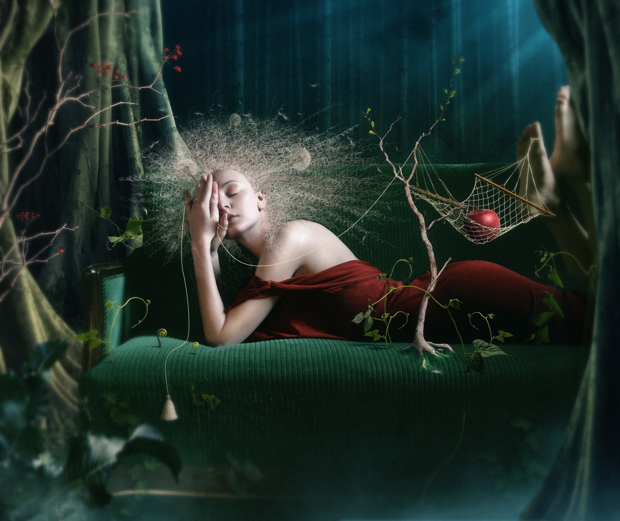 Surreal artwork of a woman on a green couch with plants HD Wallpaper
