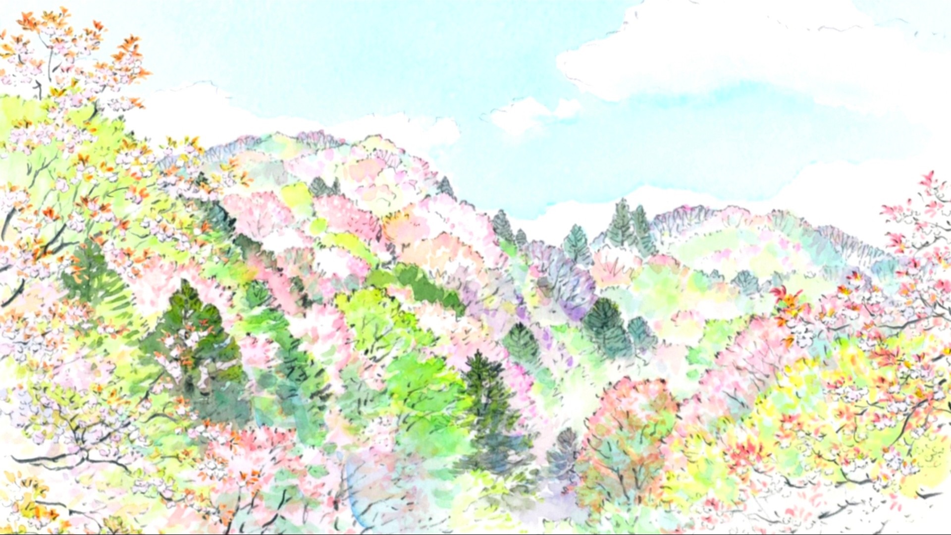 The Tale of Princess Kaguya: Cherry Blossoms on a Mountain HD Wallpaper