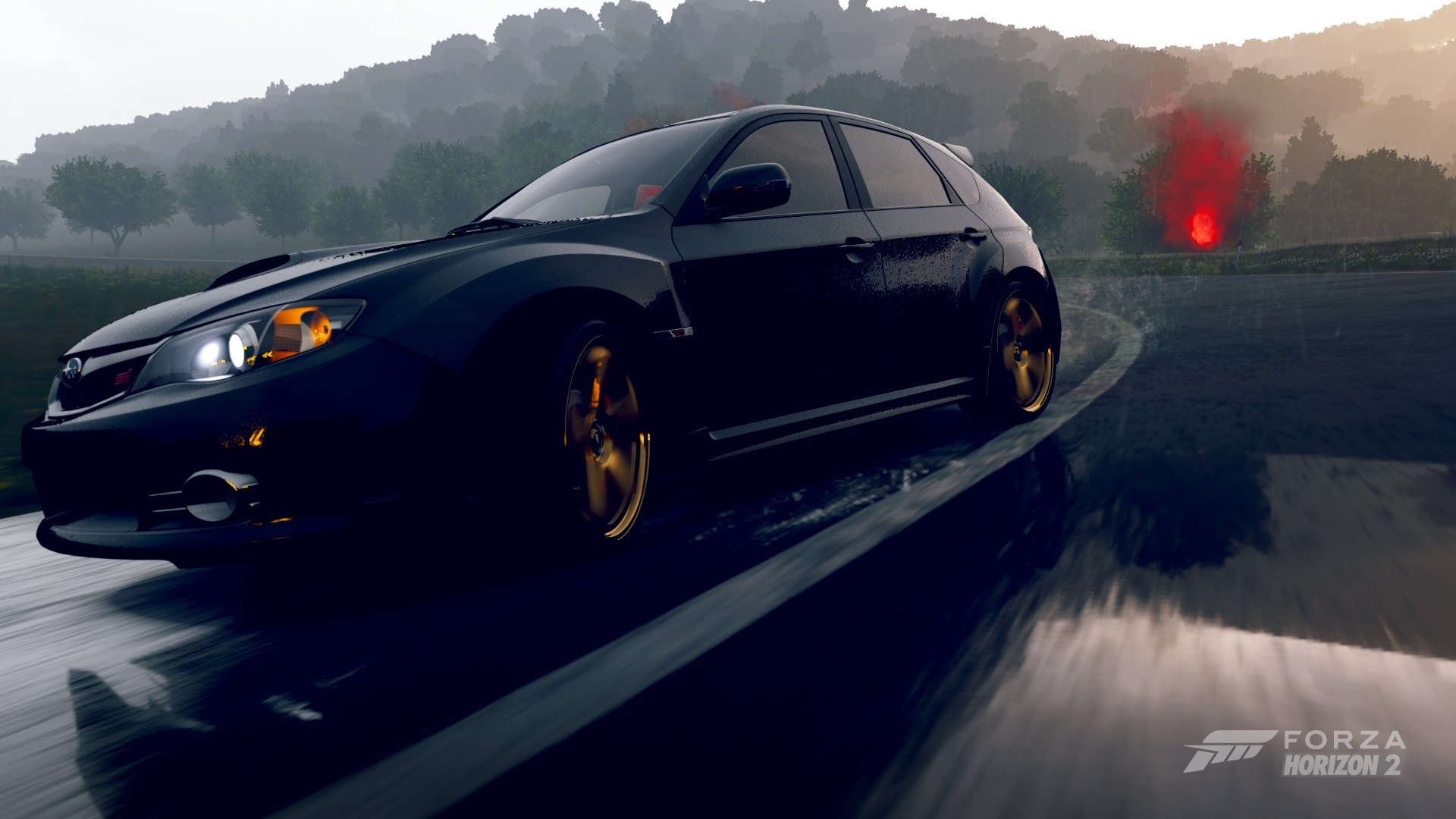 Black Subaru Impreza WRX STI driving on a wet road in Forza Horizon 2 HD Wallpaper