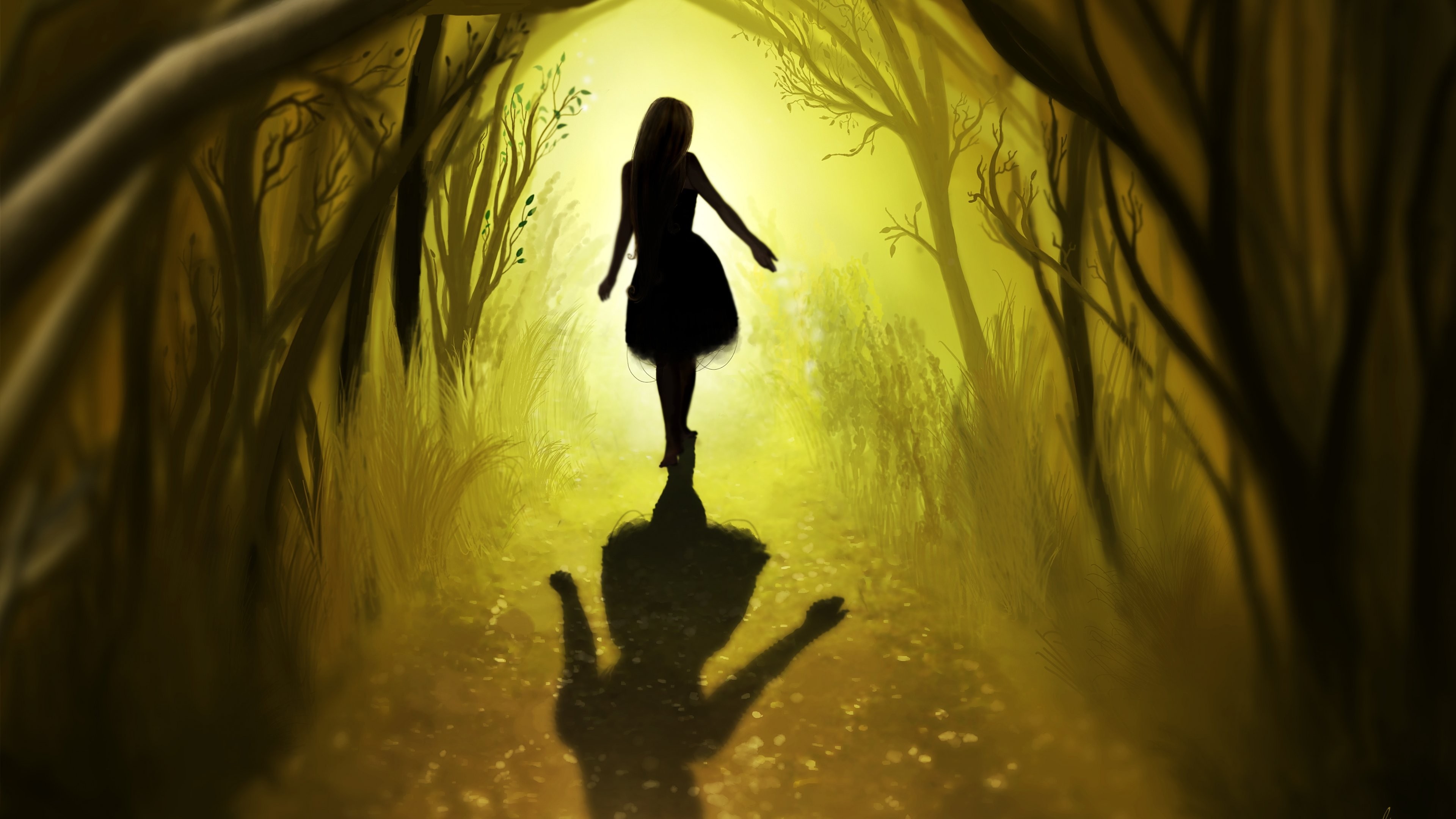Girl in a dark dress walking in a yellow forest HD Wallpaper