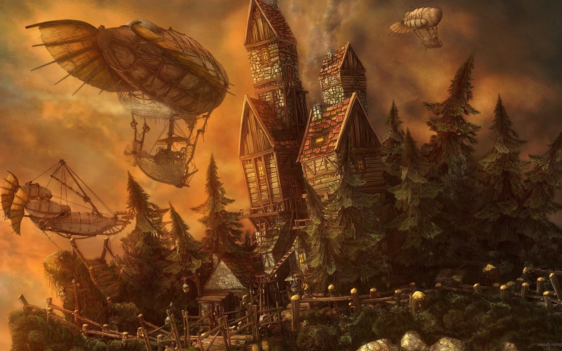 Fantasy airships flying near a forest castle HD Wallpaper
