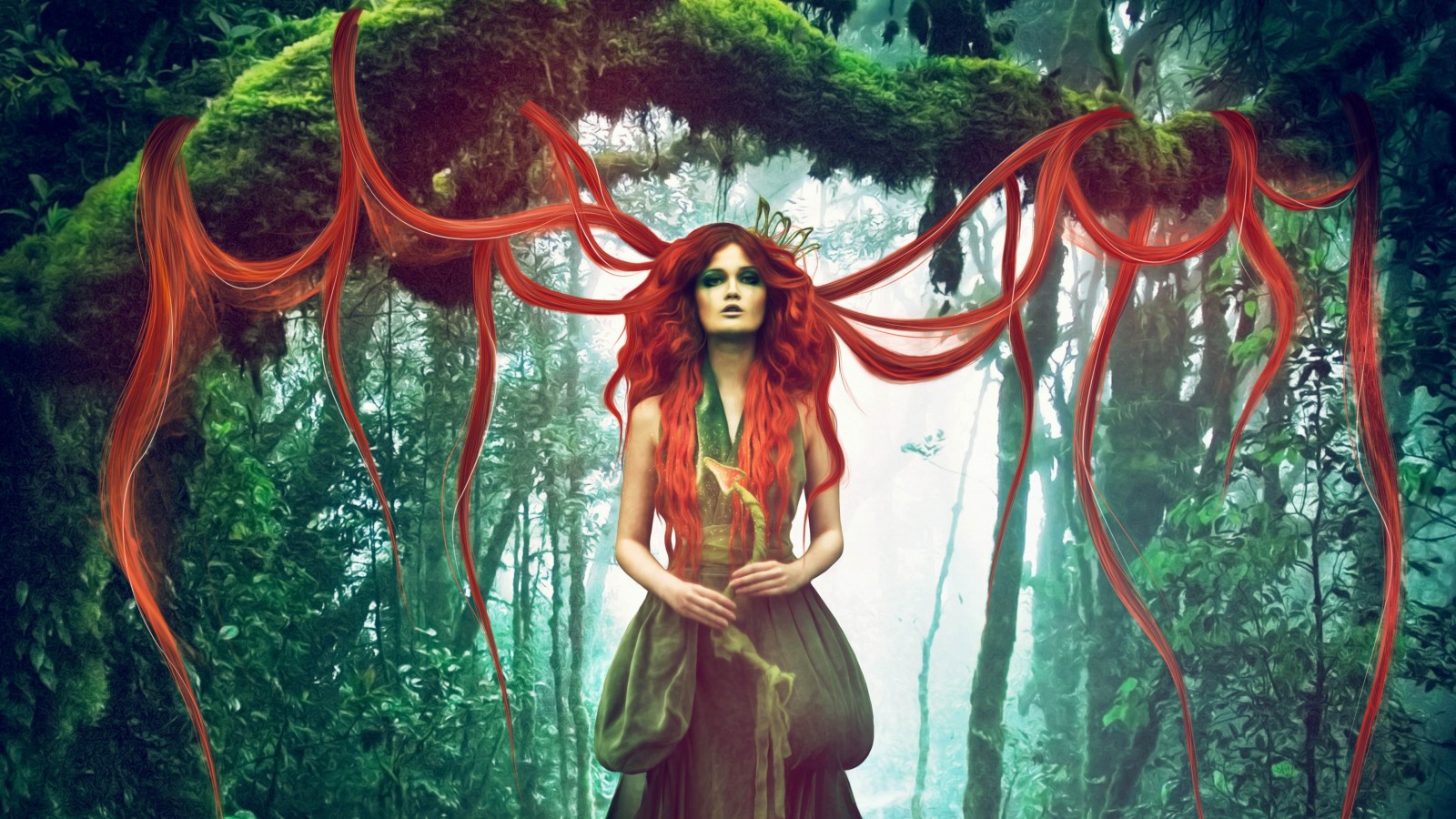 Fantasy art of a woman with red hair in a jungle HD Wallpaper
