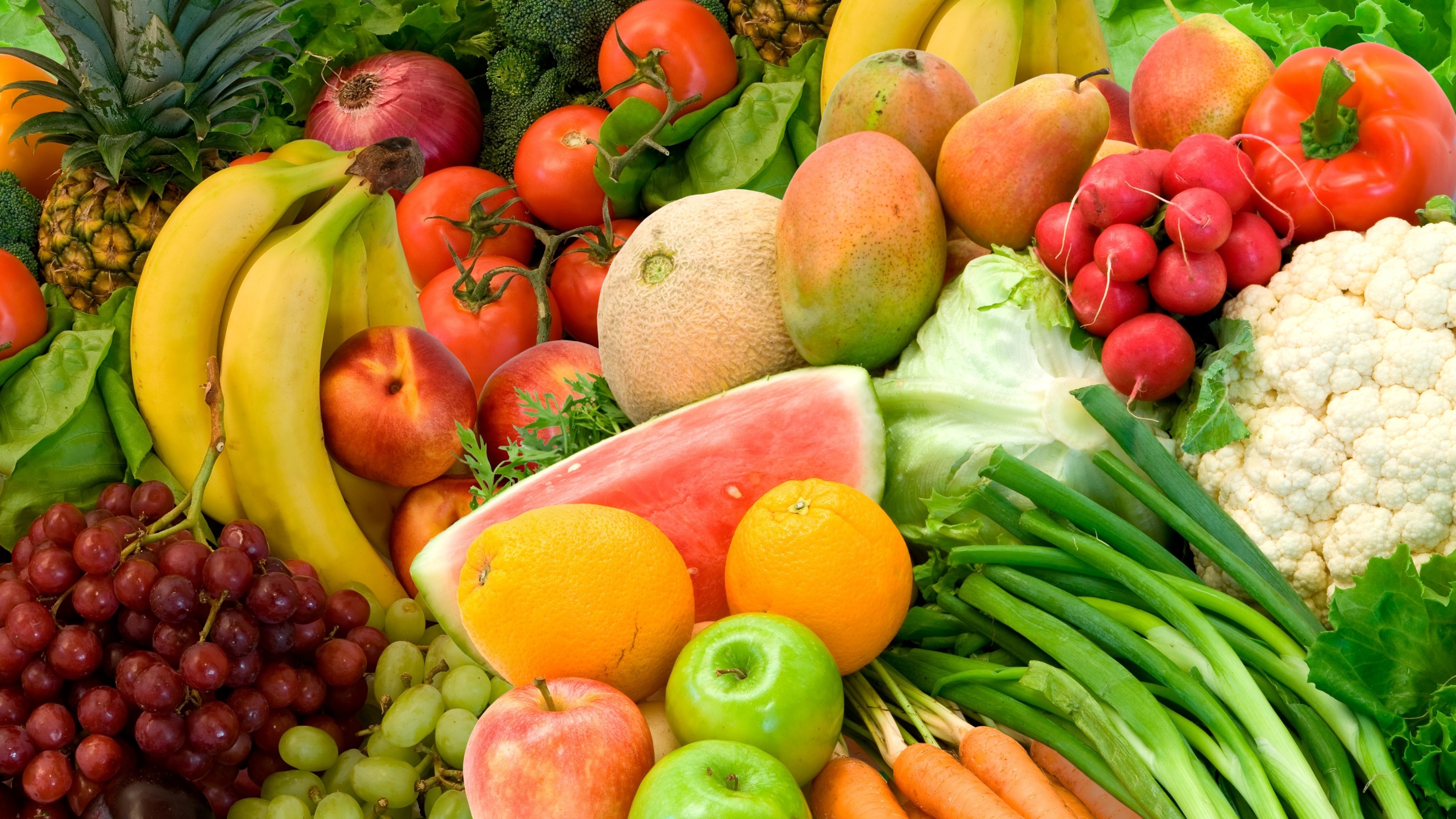 A vibrant assortment of fresh fruits and vegetables HD Wallpaper