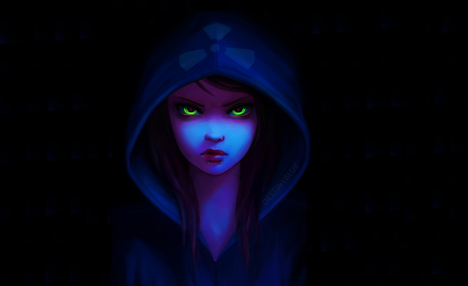 Woman with glowing green eyes wearing a hooded jacket HD Wallpaper