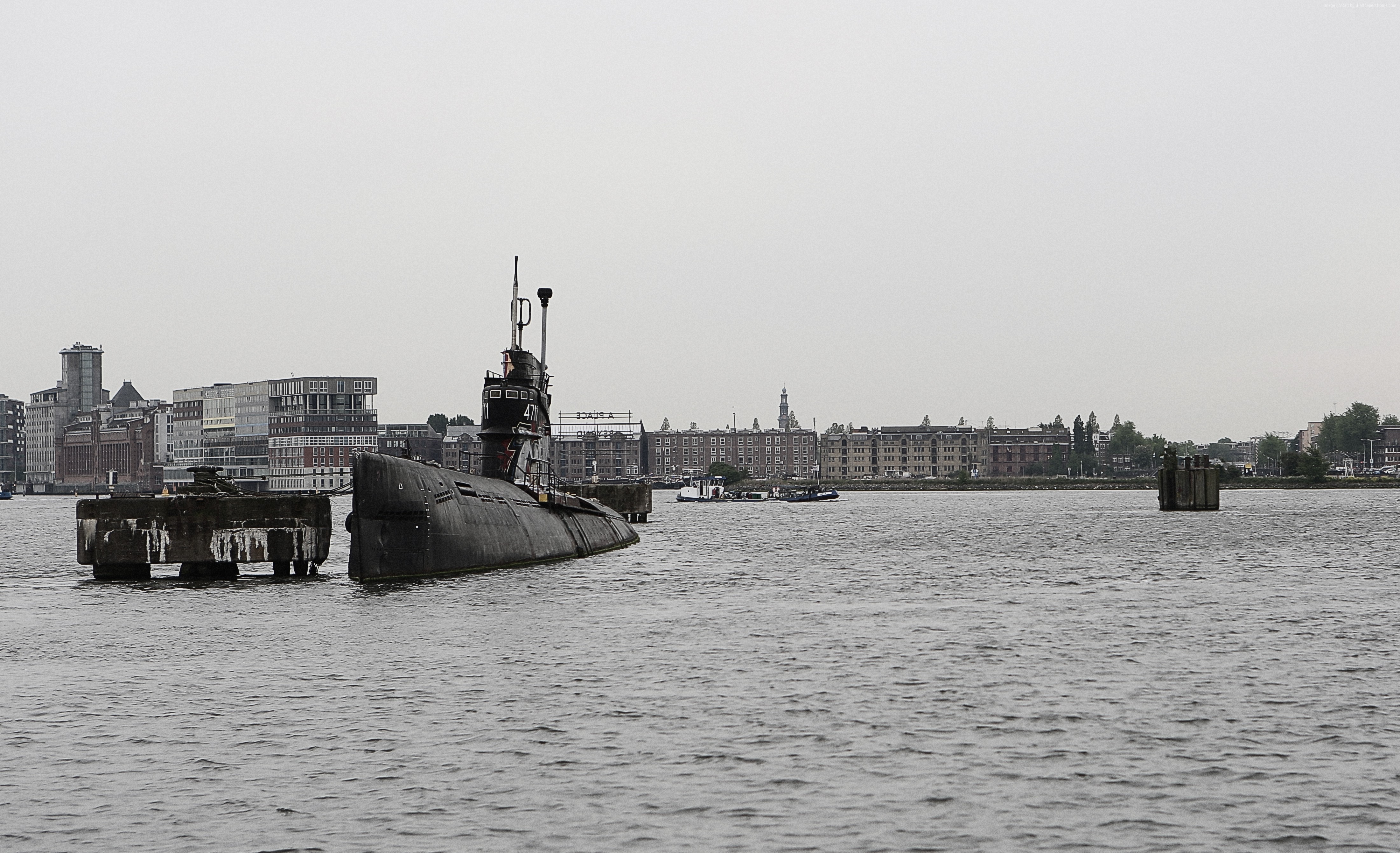 Submarine docked in Amsterdam port HD Wallpaper