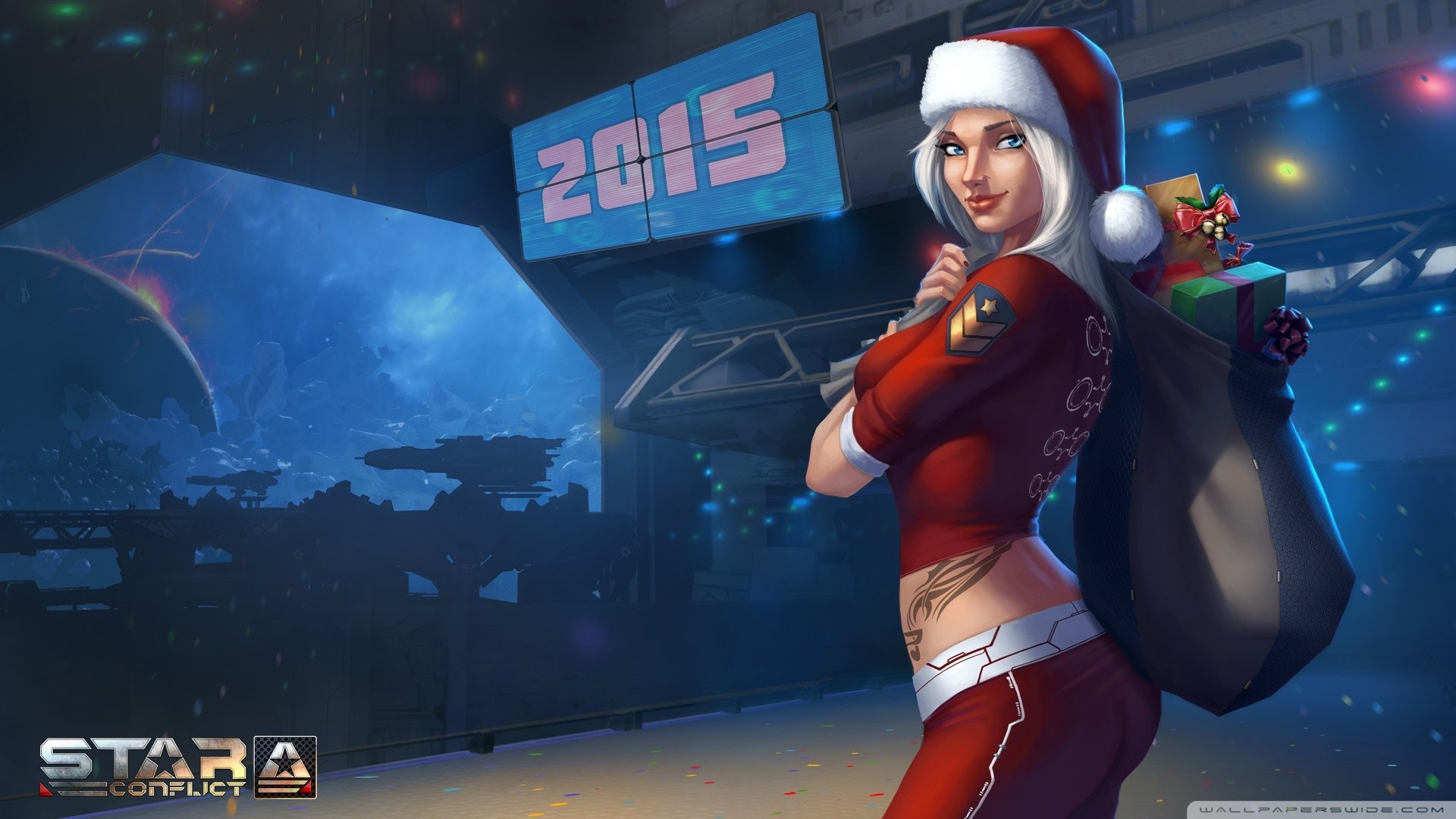 Santa Girl with Gifts from Star Conflict HD Wallpaper