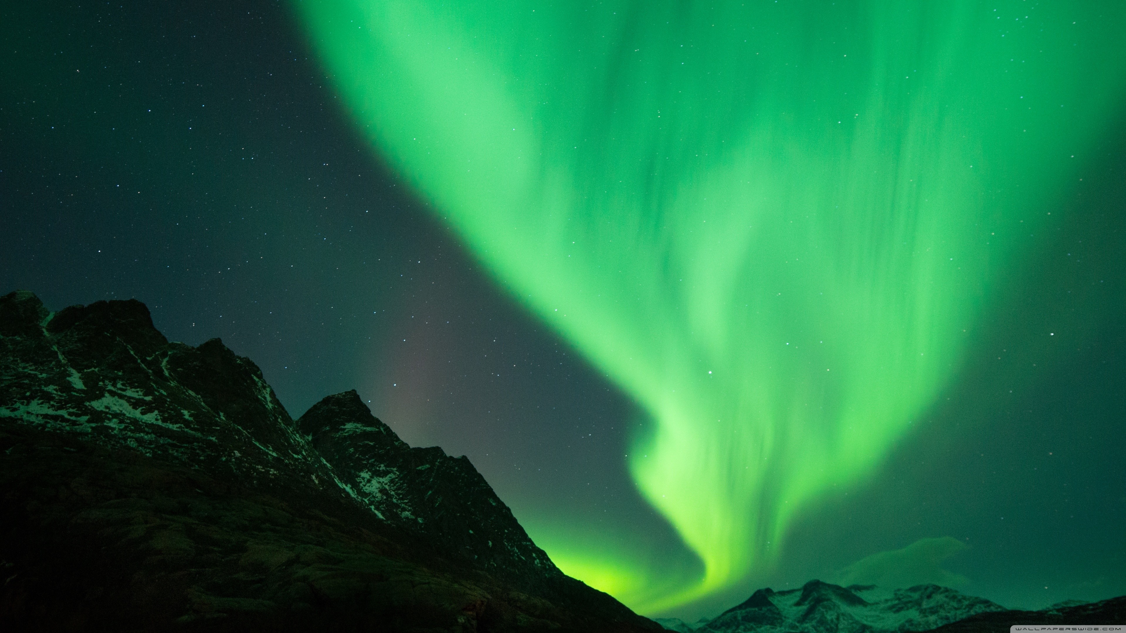 Green Aurora Borealis over Snowy Mountains at Night HD Wallpaper