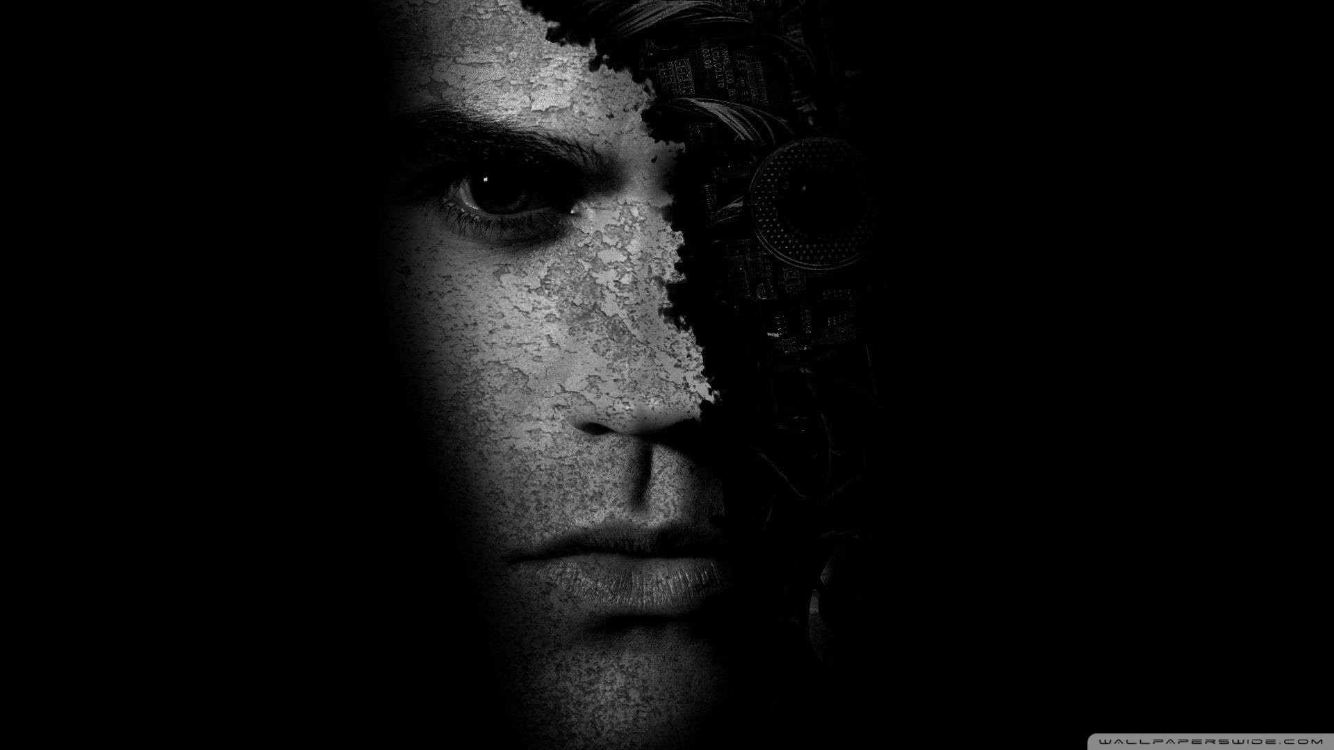 Monochrome portrait of a man with mechanical parts HD Wallpaper
