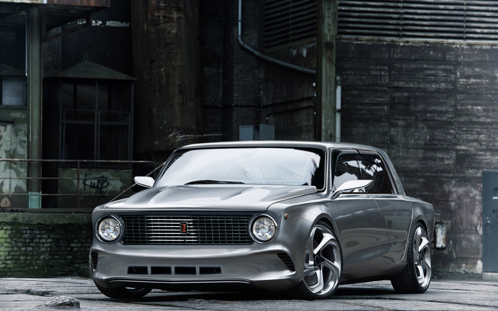 Modified silver sedan parked in an industrial area HD Wallpaper