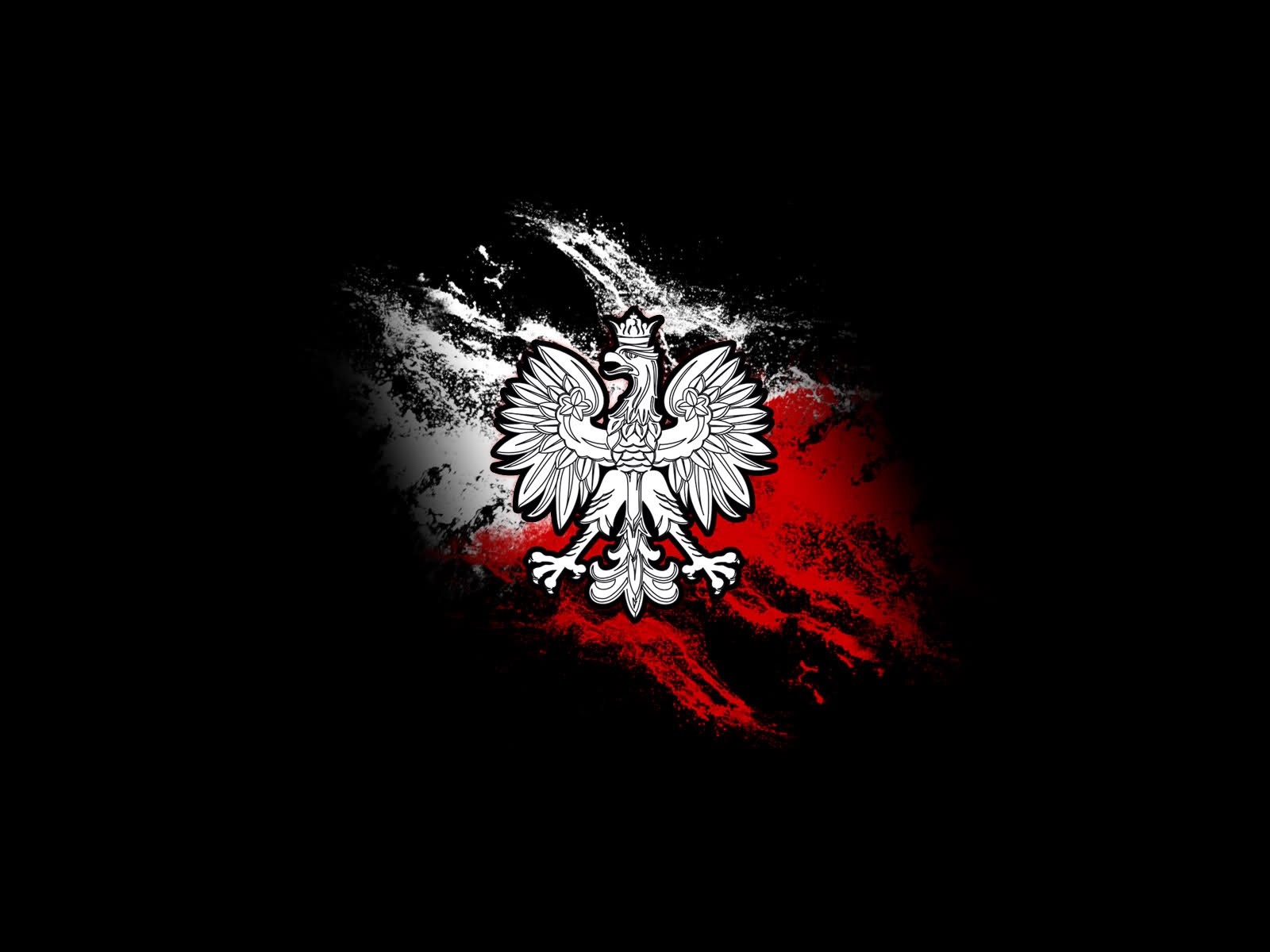 Polish Eagle emblem on black background with red and white paint splatters HD Wallpaper