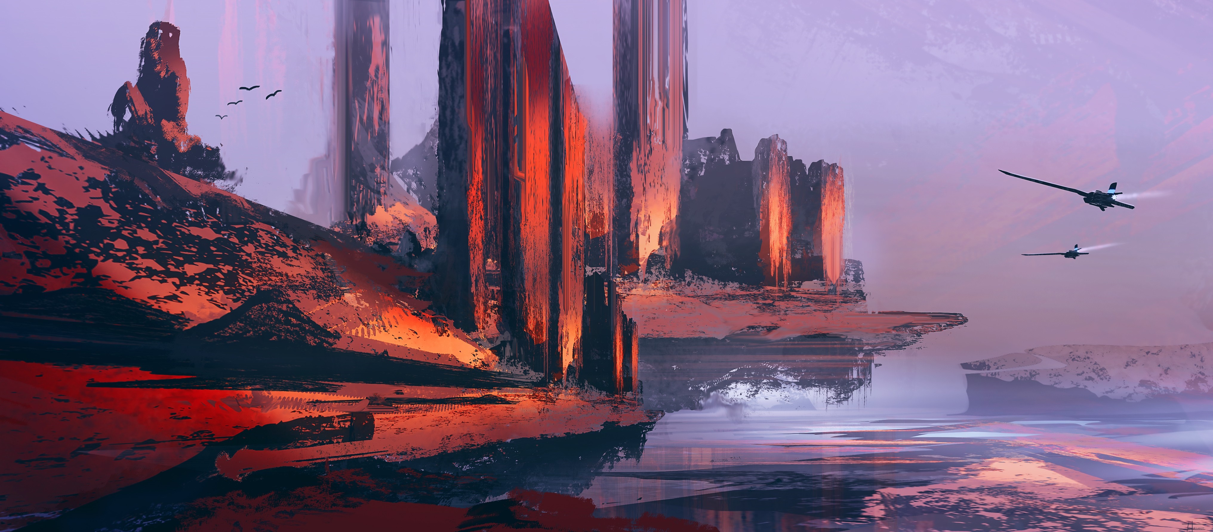 Digital art landscape with abstract structures and flying vehicles HD Wallpaper