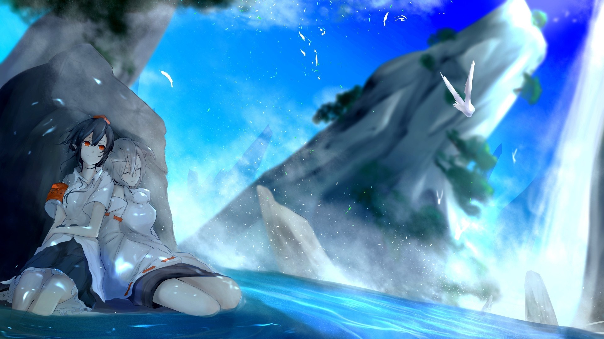 Two anime girls resting by a waterfall HD Wallpaper