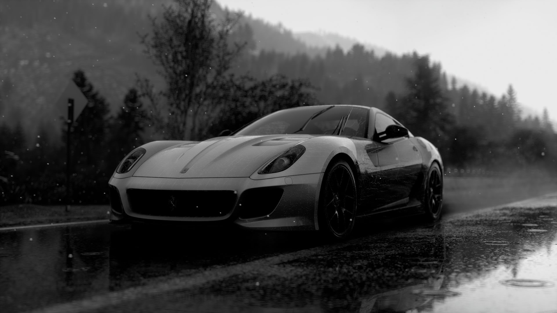 Monochrome Ferrari 599 GTB Fiorano on a wet road HD Wallpaper
