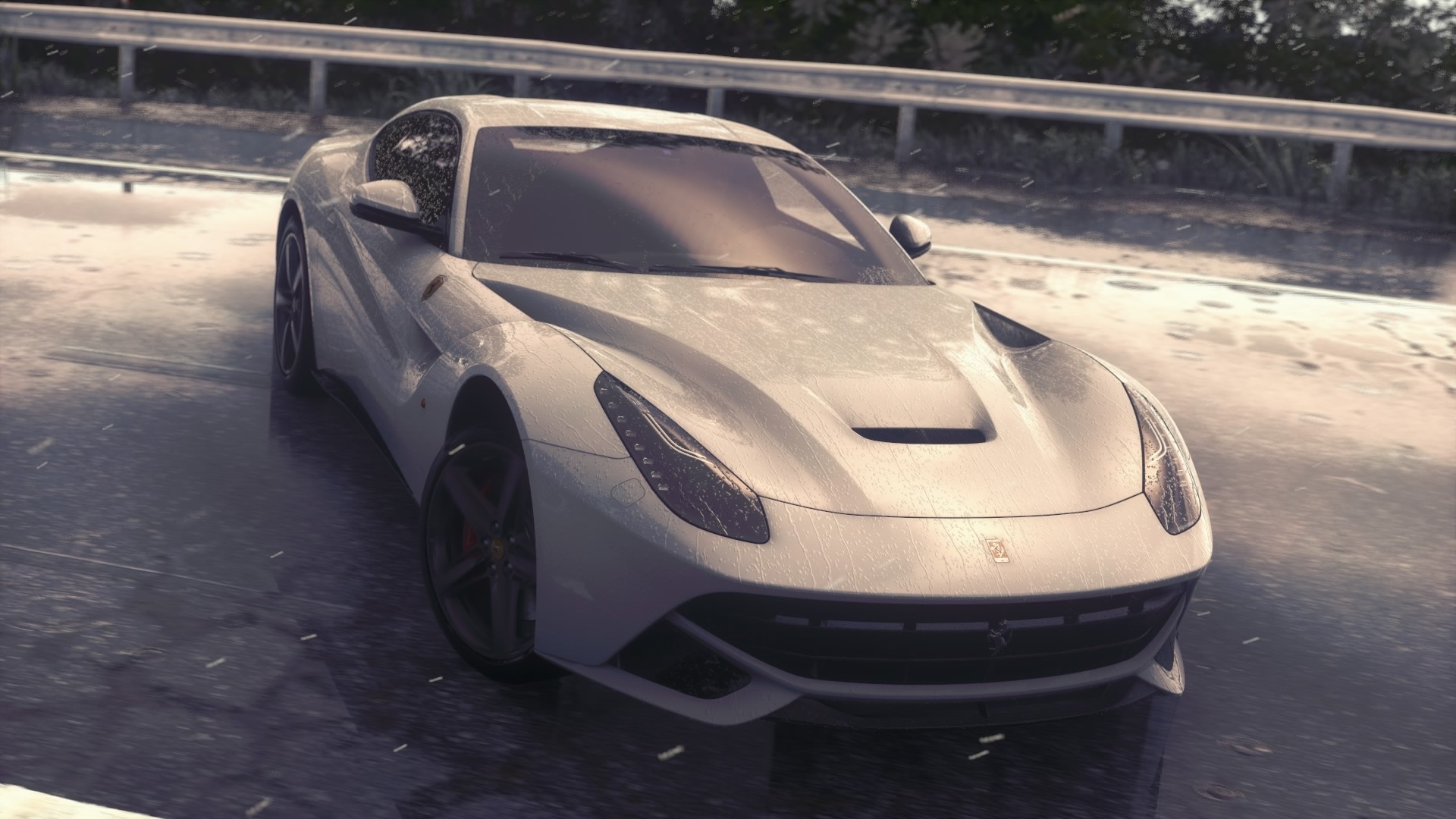 White Ferrari F12berlinetta driving in the rain HD Wallpaper