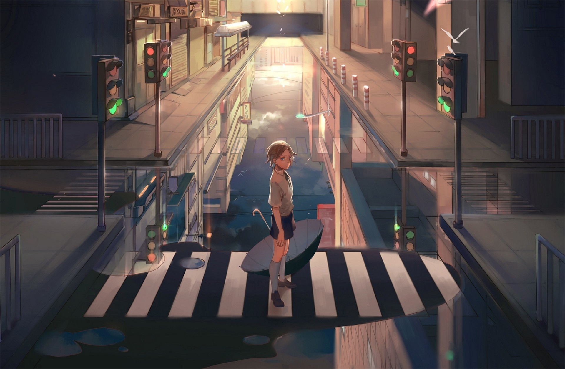 Girl with umbrella on crosswalk at sunset HD Wallpaper