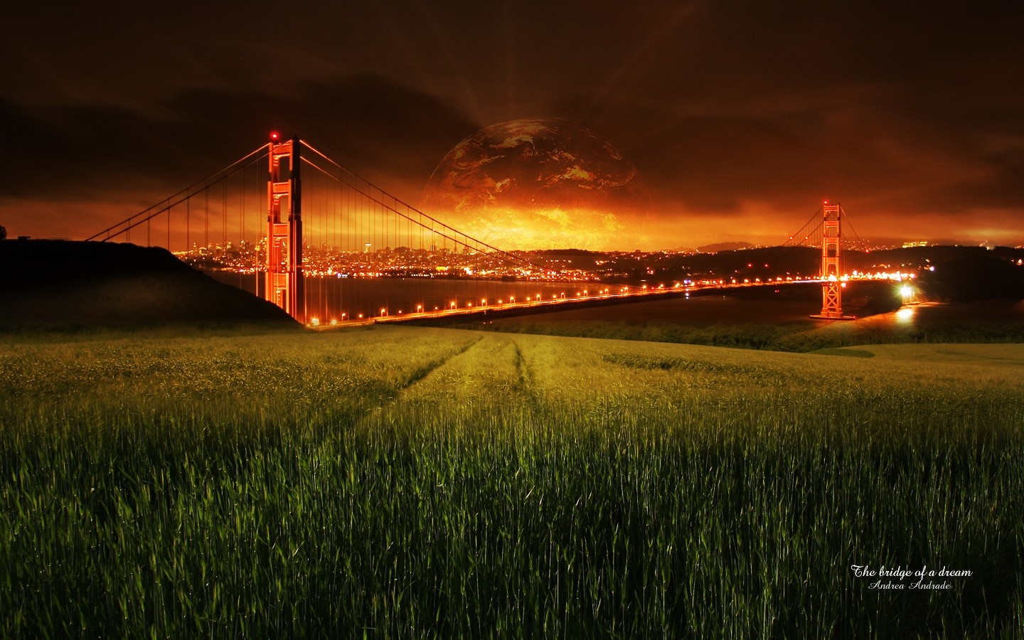 Golden Gate Bridge at night with a surreal planet HD Wallpaper