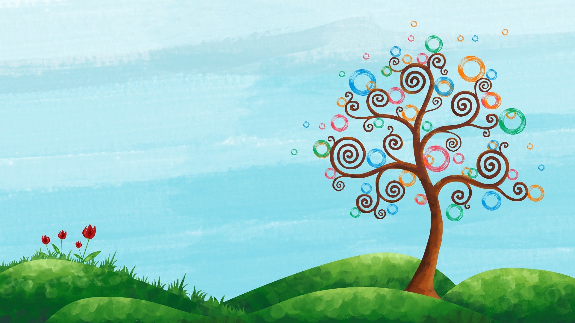 Whimsical tree with colorful circles on green hills HD Wallpaper