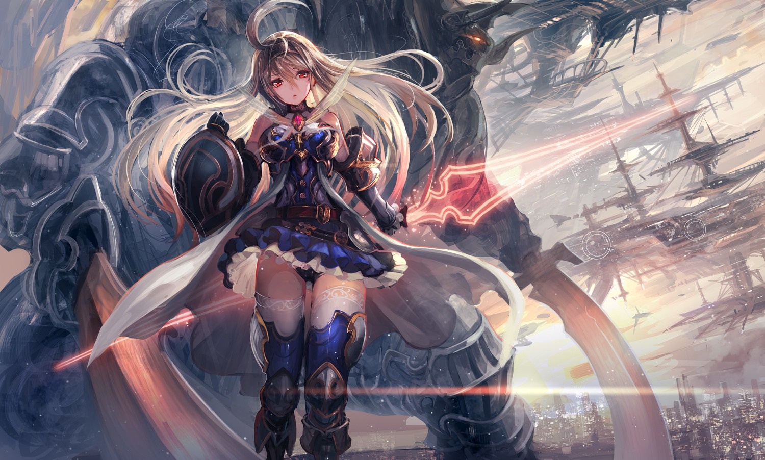 Anime girl warrior with giant robot and airships HD Wallpaper