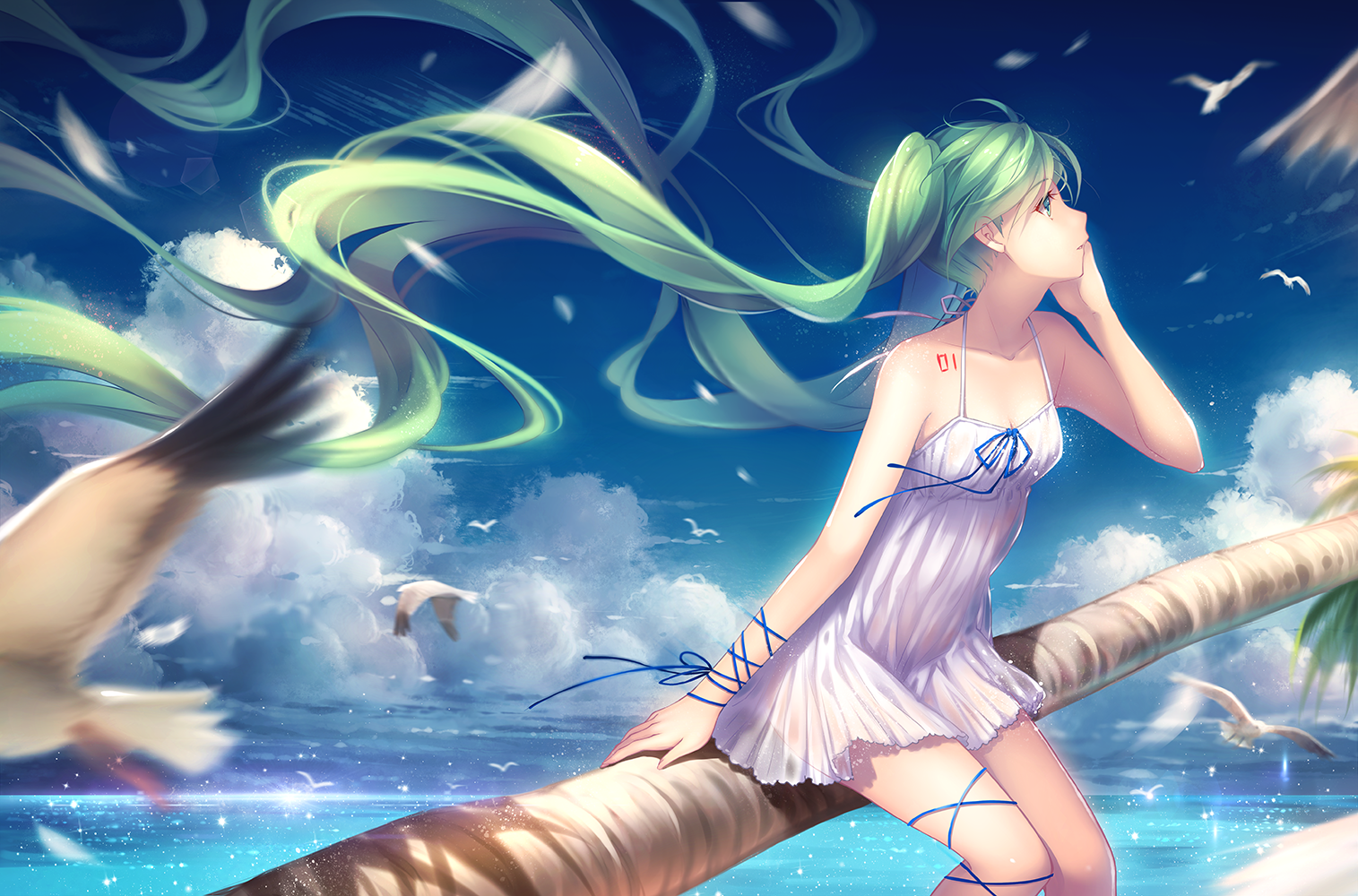 Hatsune Miku sitting on a palm tree by the ocean HD Wallpaper