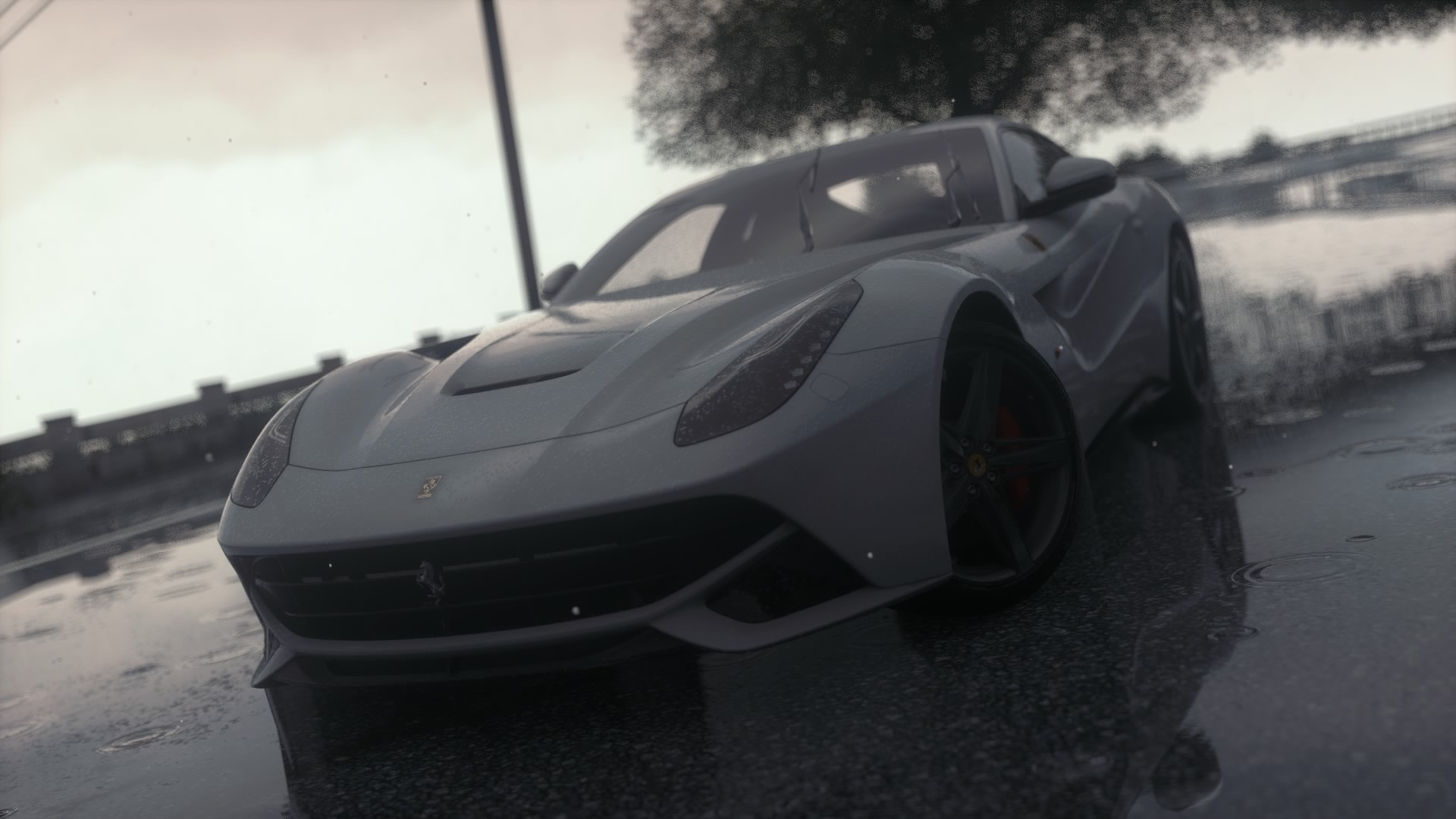 White Ferrari F12berlinetta in the rain HD Wallpaper