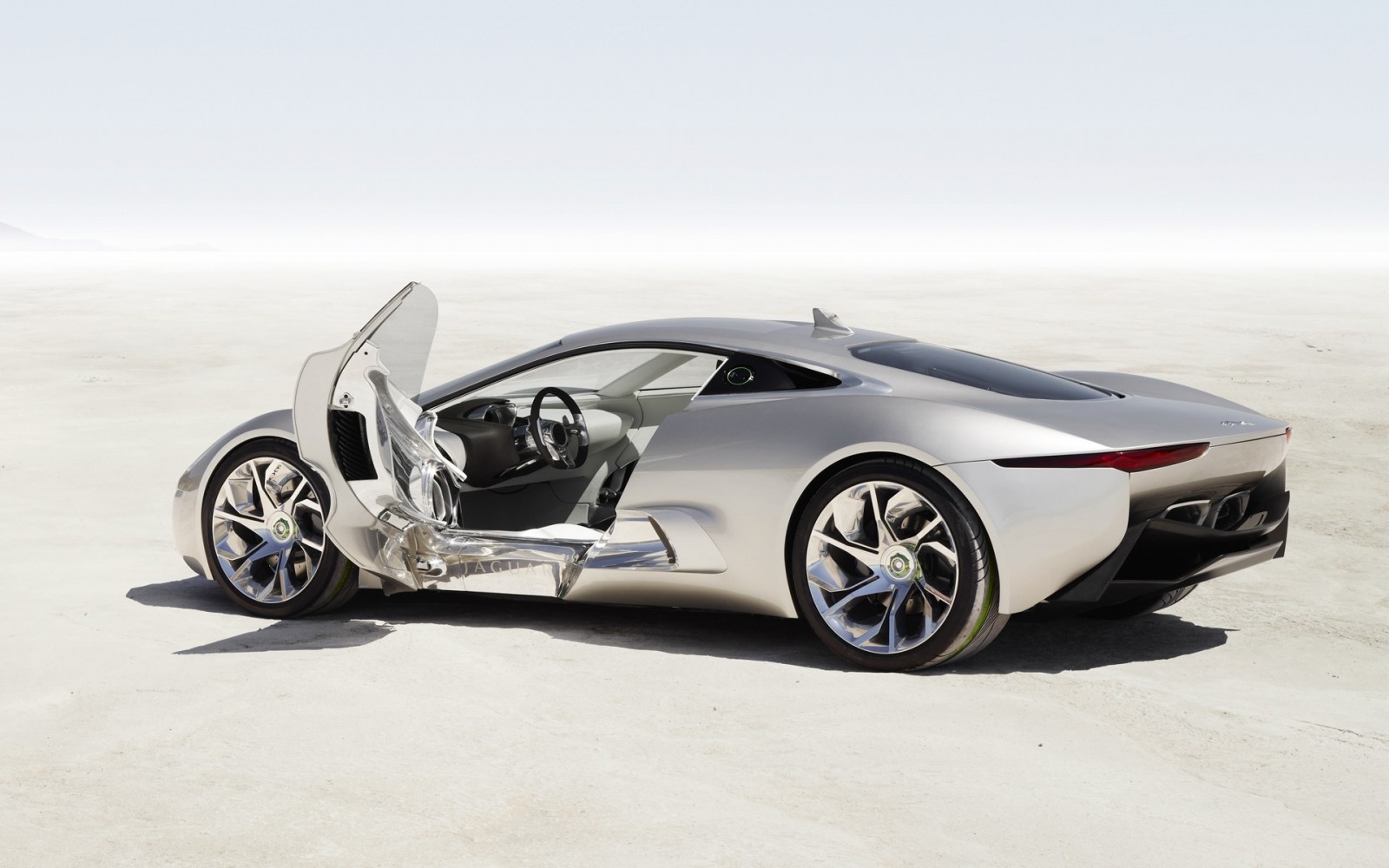 Silver Jaguar C-X75 concept car with doors open HD Wallpaper