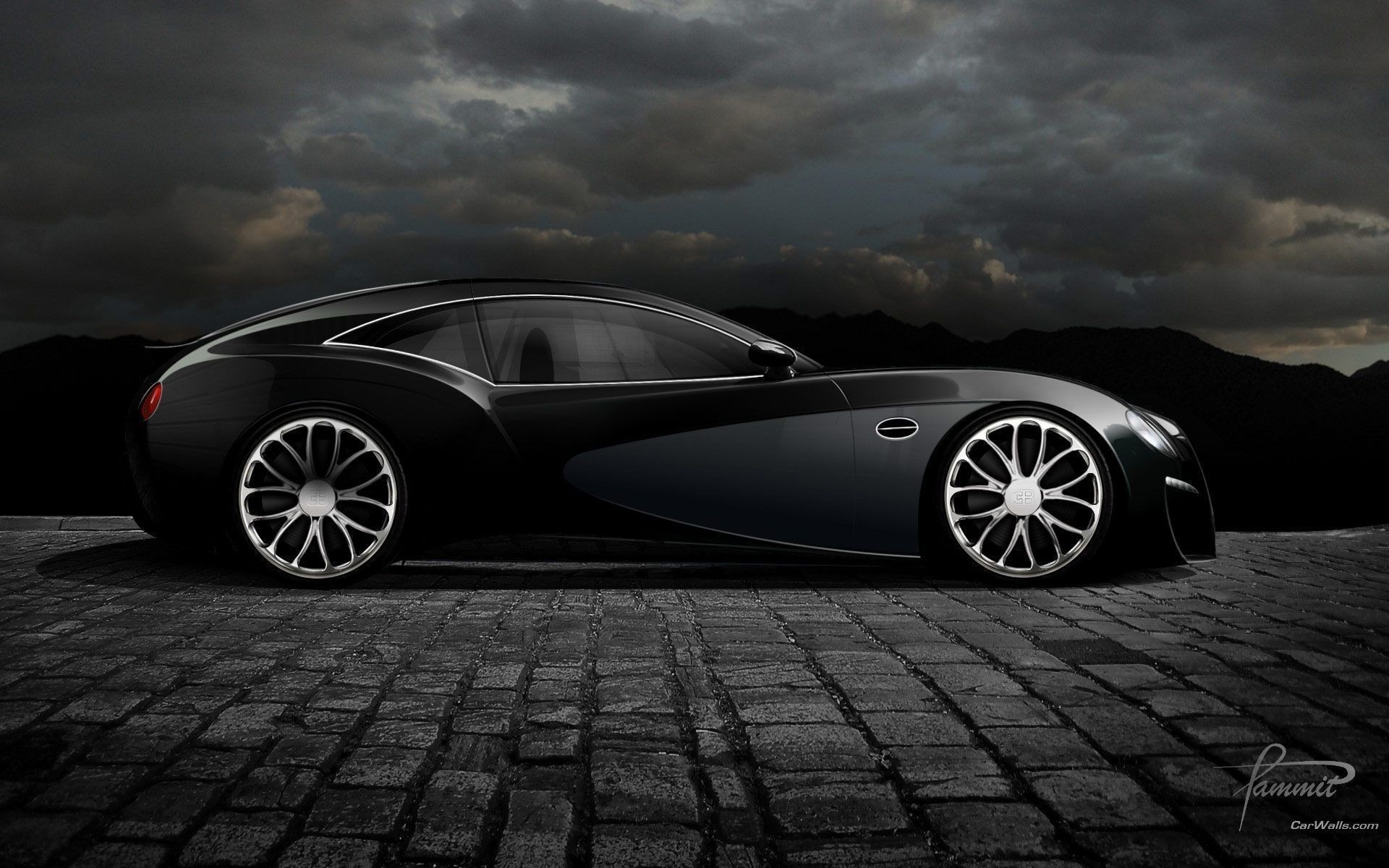 Black Bugatti concept car on cobblestone road HD Wallpaper