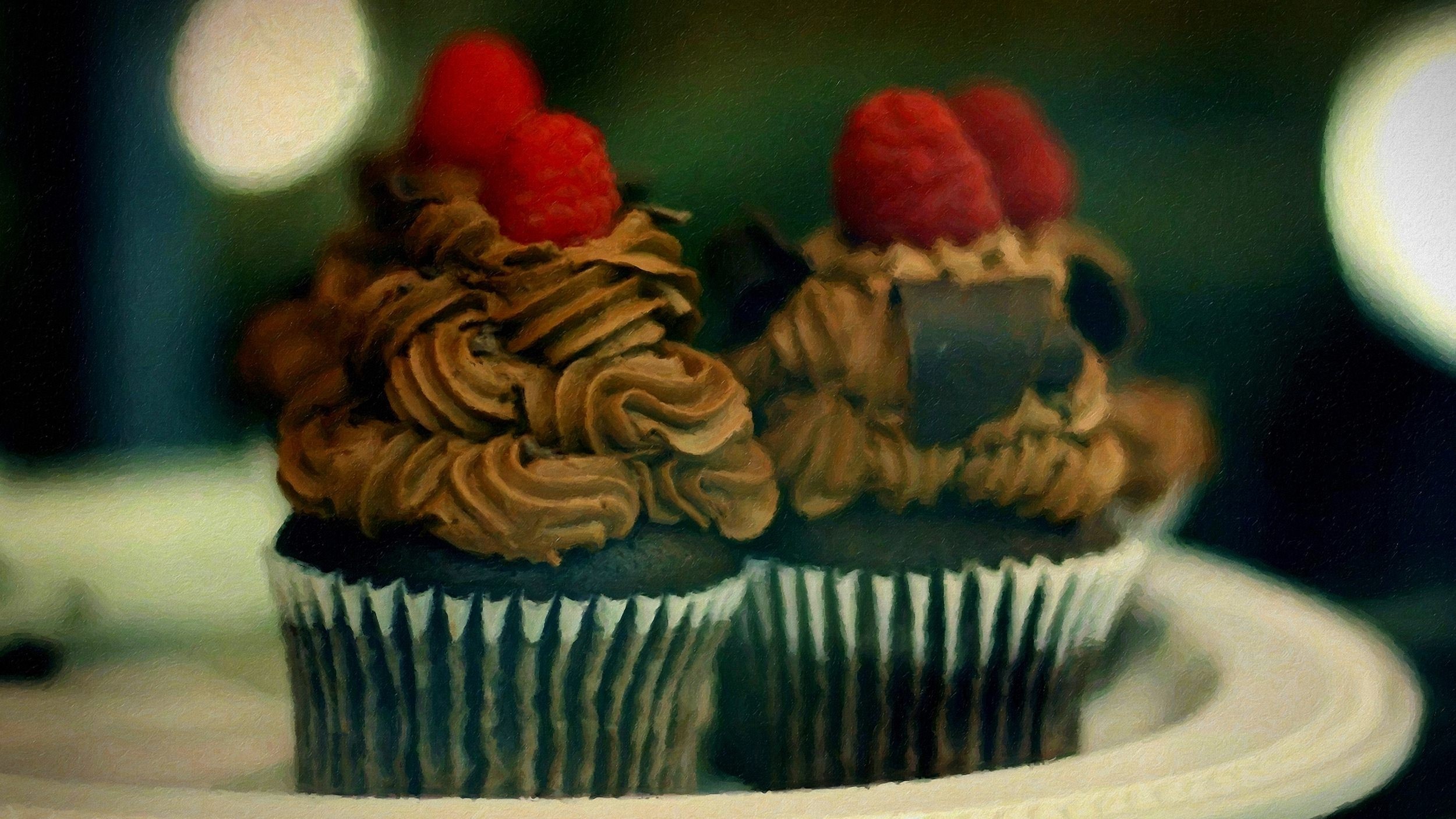 Two chocolate cupcakes with raspberries and chocolate frosting HD Wallpaper