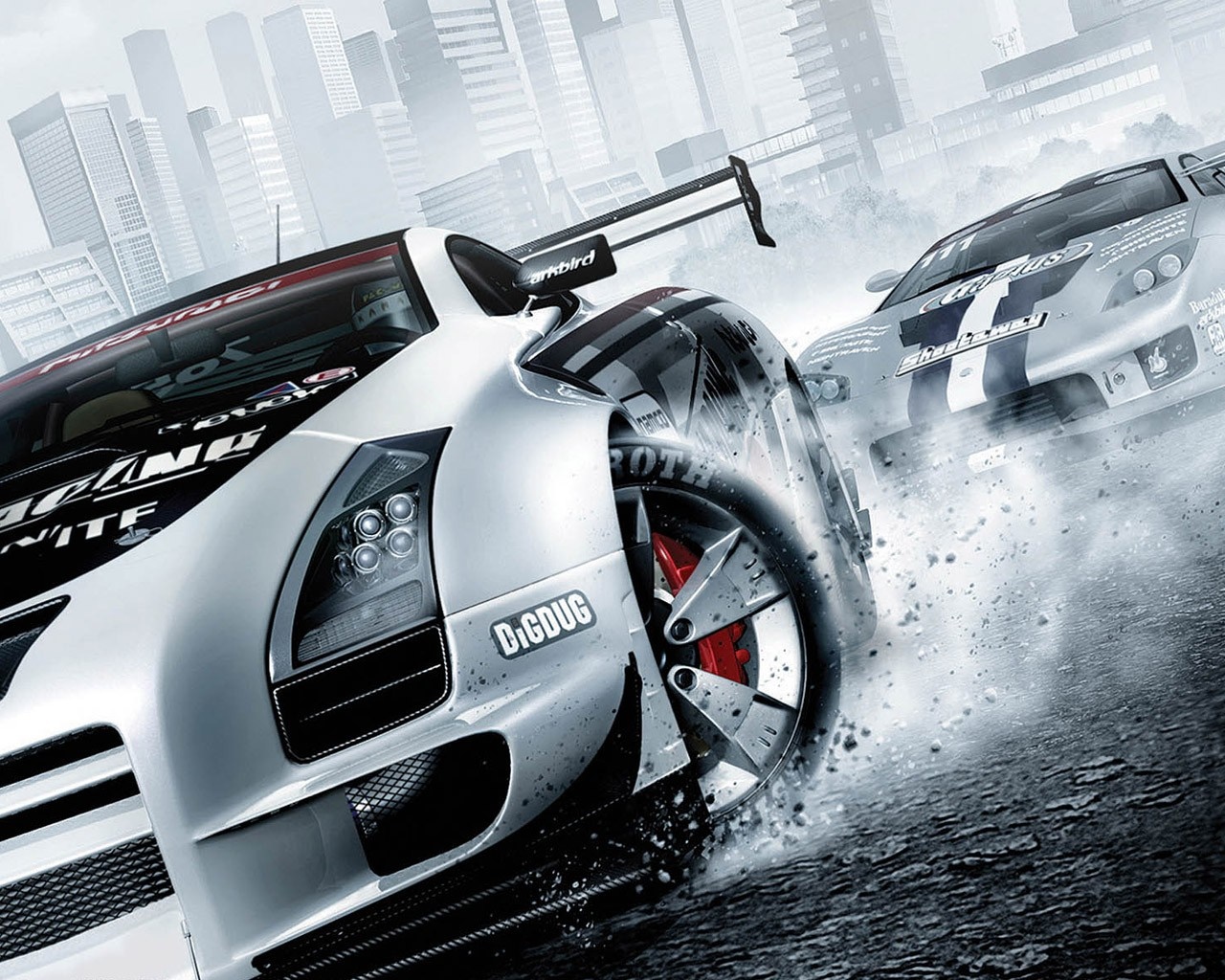 Two race cars speeding on a city street HD Wallpaper