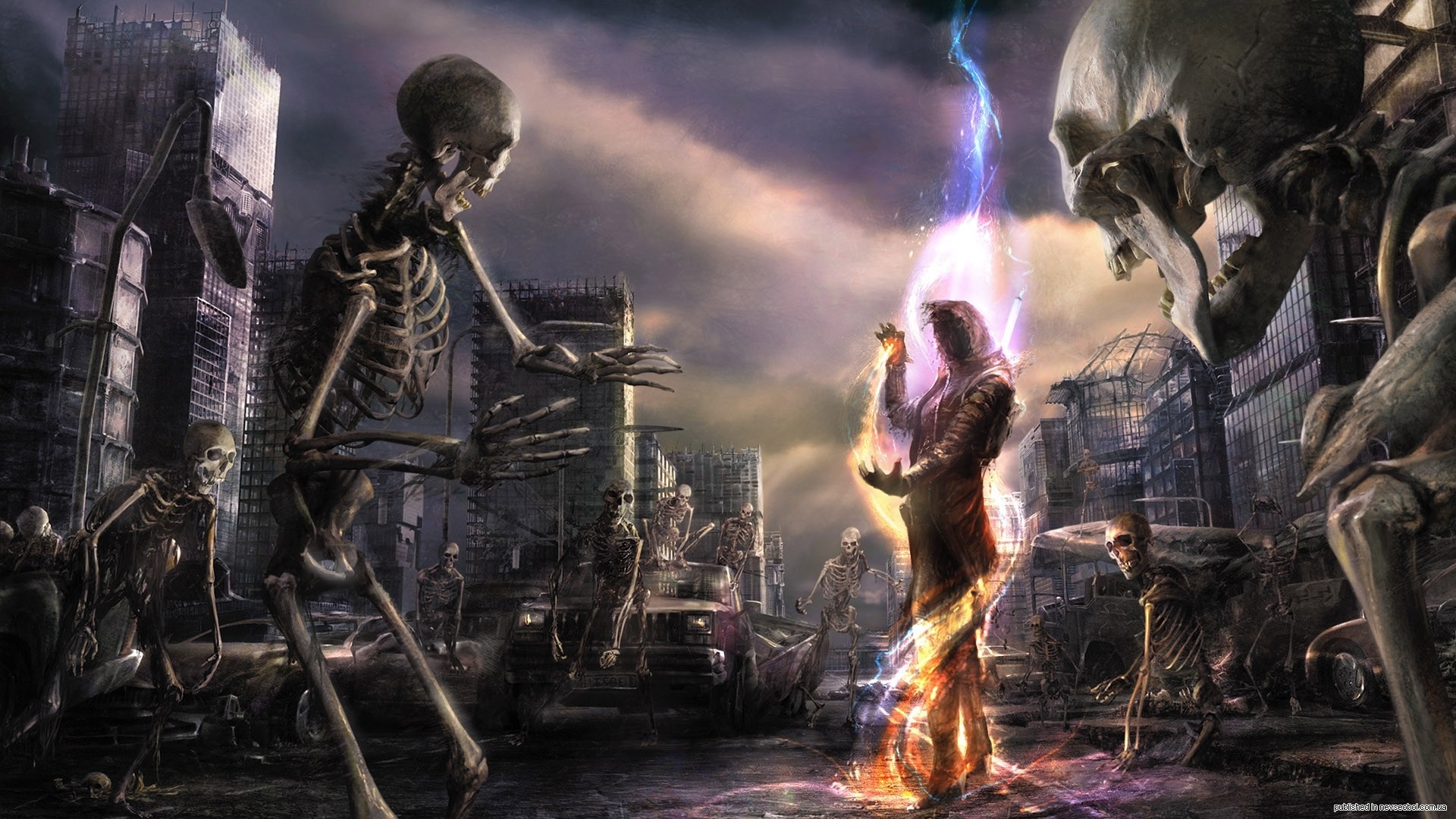 Skeletons in a ruined city with a figure casting magic HD Wallpaper