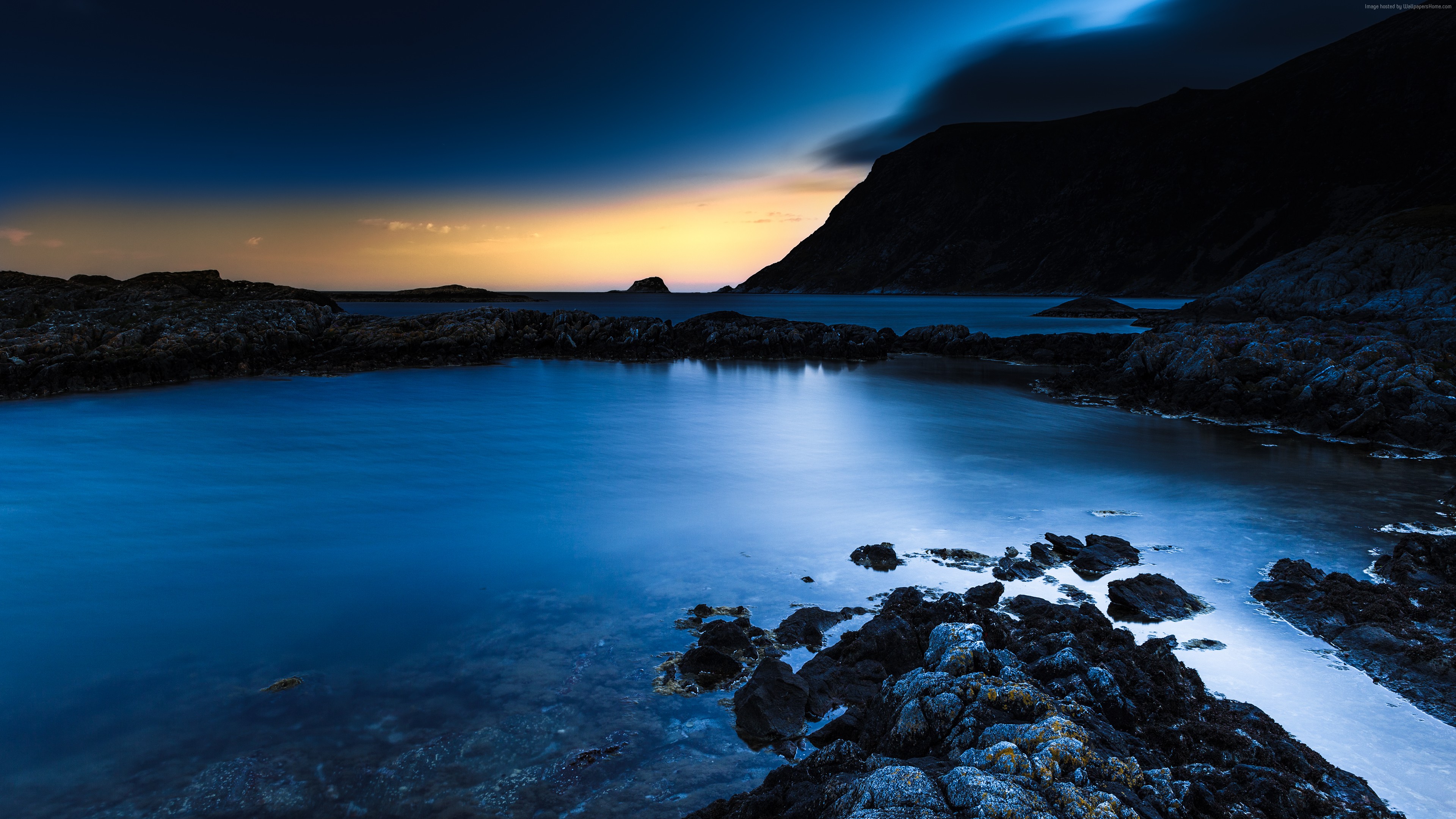 Blue Sunset Over Rocky Coastline in Norway 4K HD Wallpaper