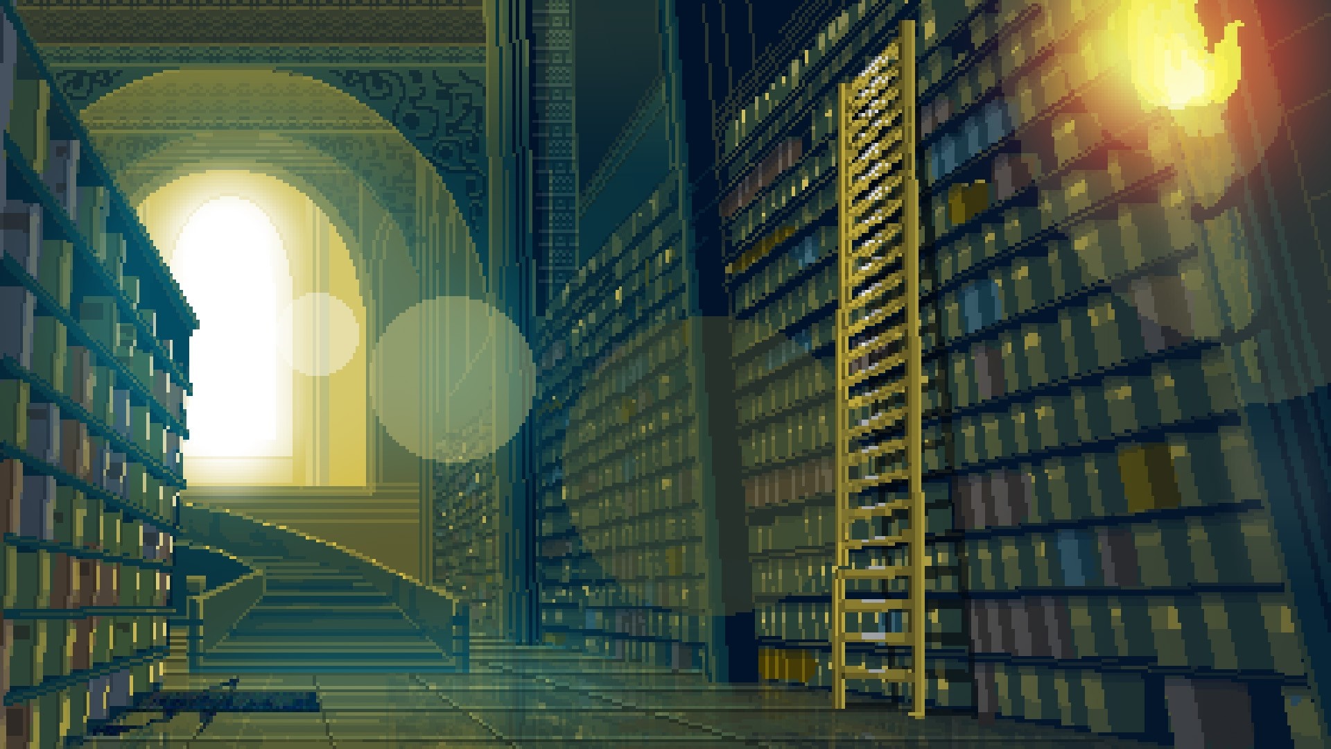 Pixel art library with arched window and ladder HD Wallpaper